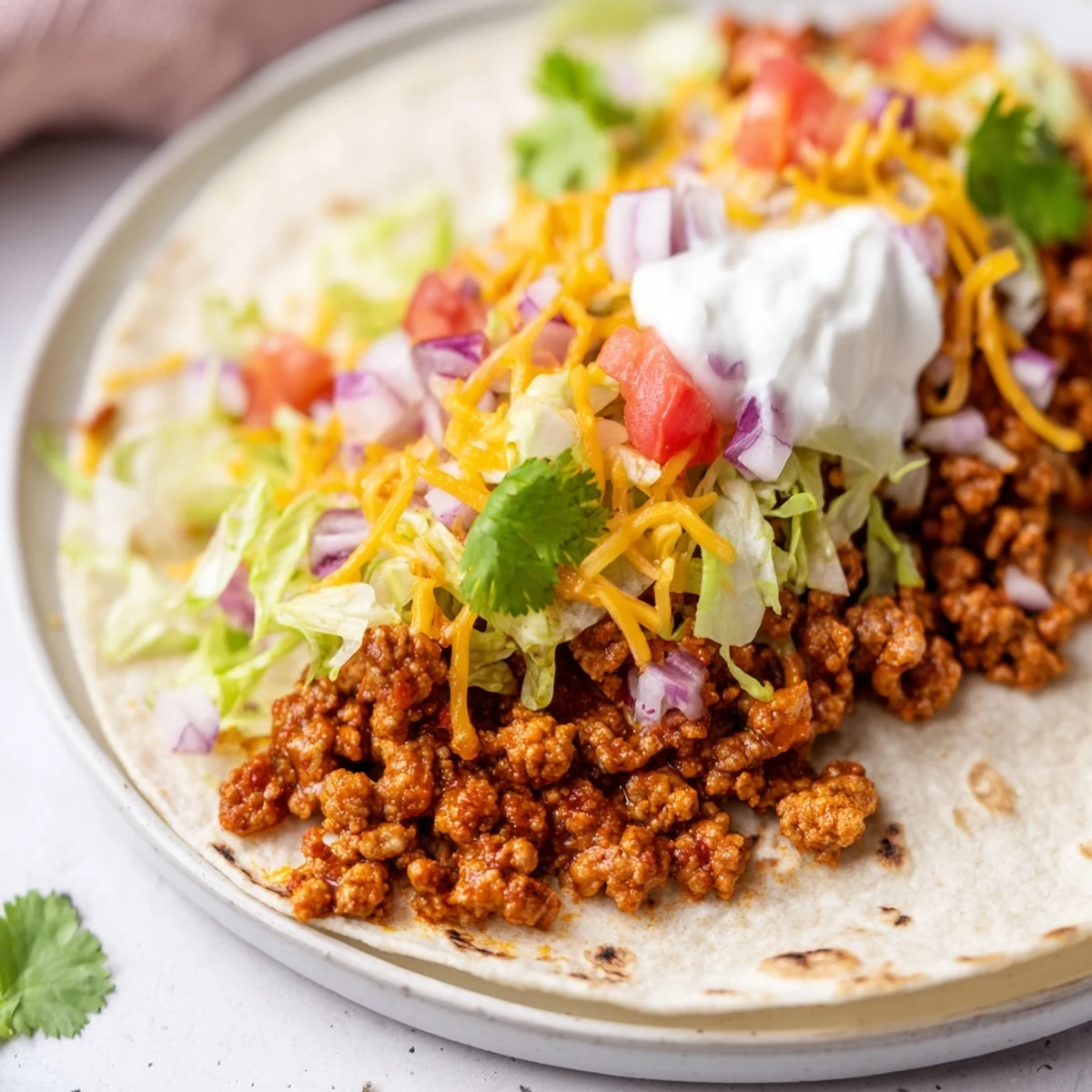 Close-up of warm Spicy Beef Tacos with Cheese and colorful fixings ready to eat.
