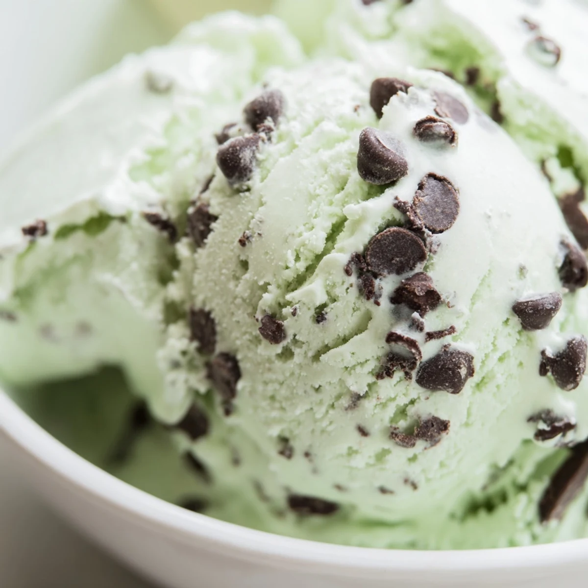 Two wafer cookies and a drizzle of dark chocolate frame a serving of peppermint ice cream with chocolate chips.