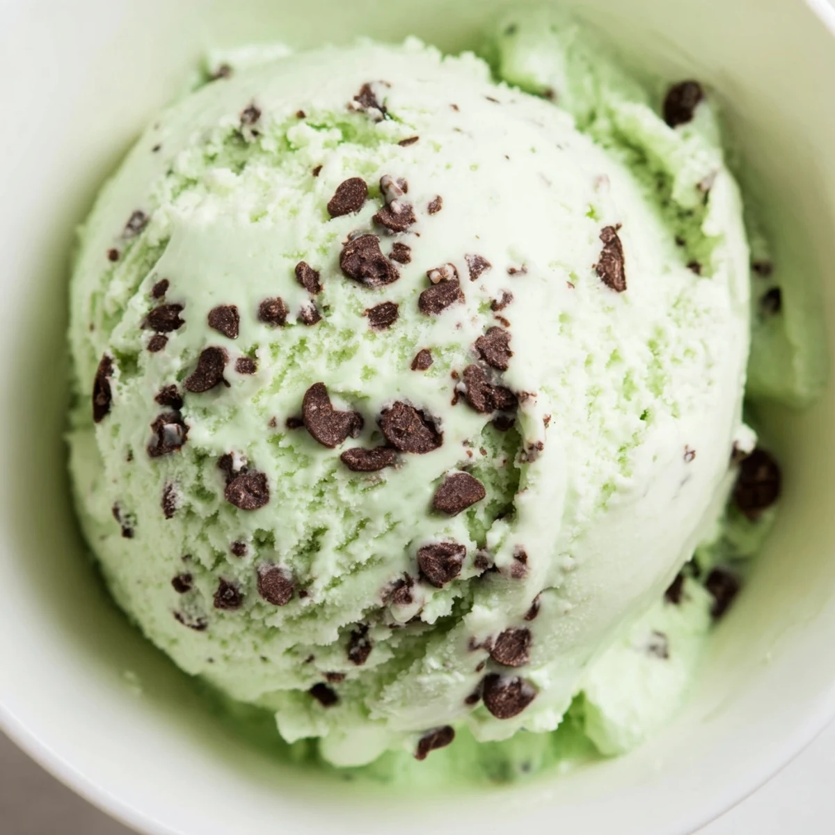 A close-up of peppermint ice cream with chocolate chips scooped into a glass bowl, garnished with fresh mint.