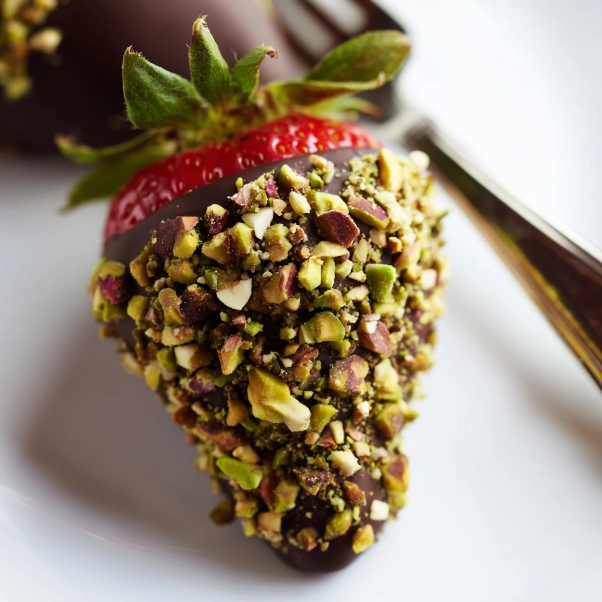 Chocolate Dipped Strawberries with Nuts topped with chopped pistachios and almonds, served on a white platter, ideal for elegant dessert buffets or sweet gifts.