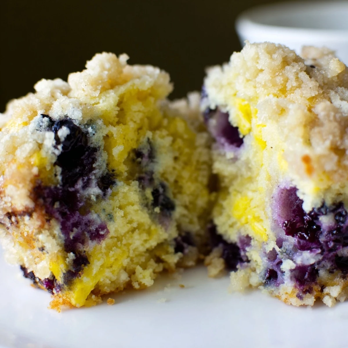 Freshly baked Lemon Blueberry Muffins with Streusel cooling on a wire rack, offering a moist, fluffy texture and bright citrus aroma.