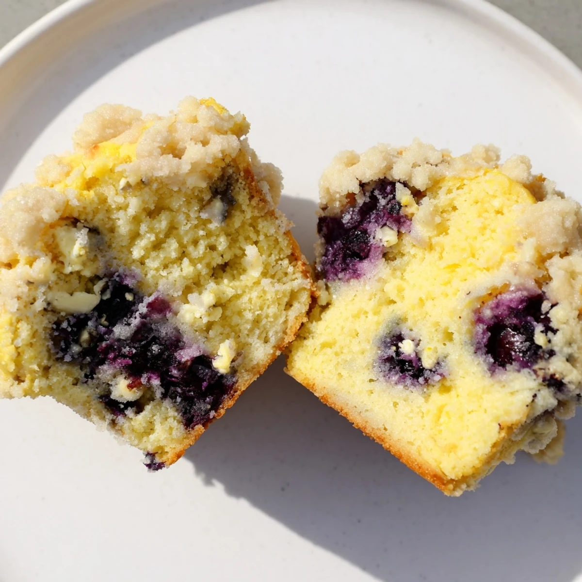 Perfectly moist Lemon Blueberry Muffins with Streusel topped with sparkling sugar, ideal for a sweet breakfast or snack.