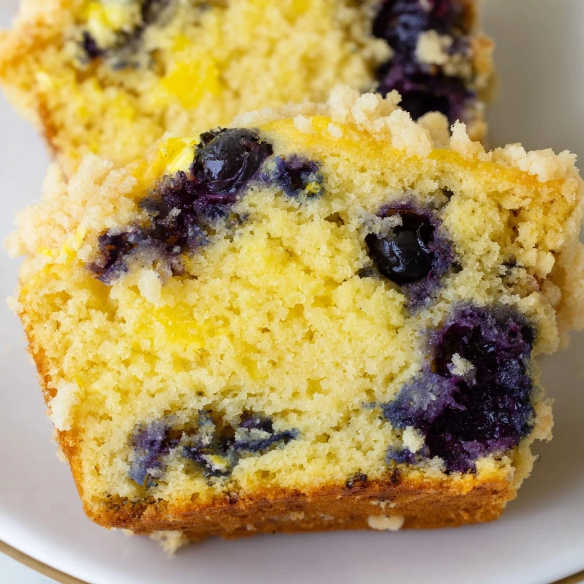 Golden-brown Lemon Blueberry Muffins with Streusel feature a buttery crumb topping and generous bursts of fresh blueberries.