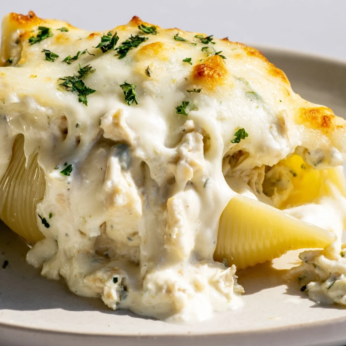 Golden, bubbling cheese tops baked Chicken Alfredo Stuffed Shells in a white dish, ready to serve with fresh parsley garnish.