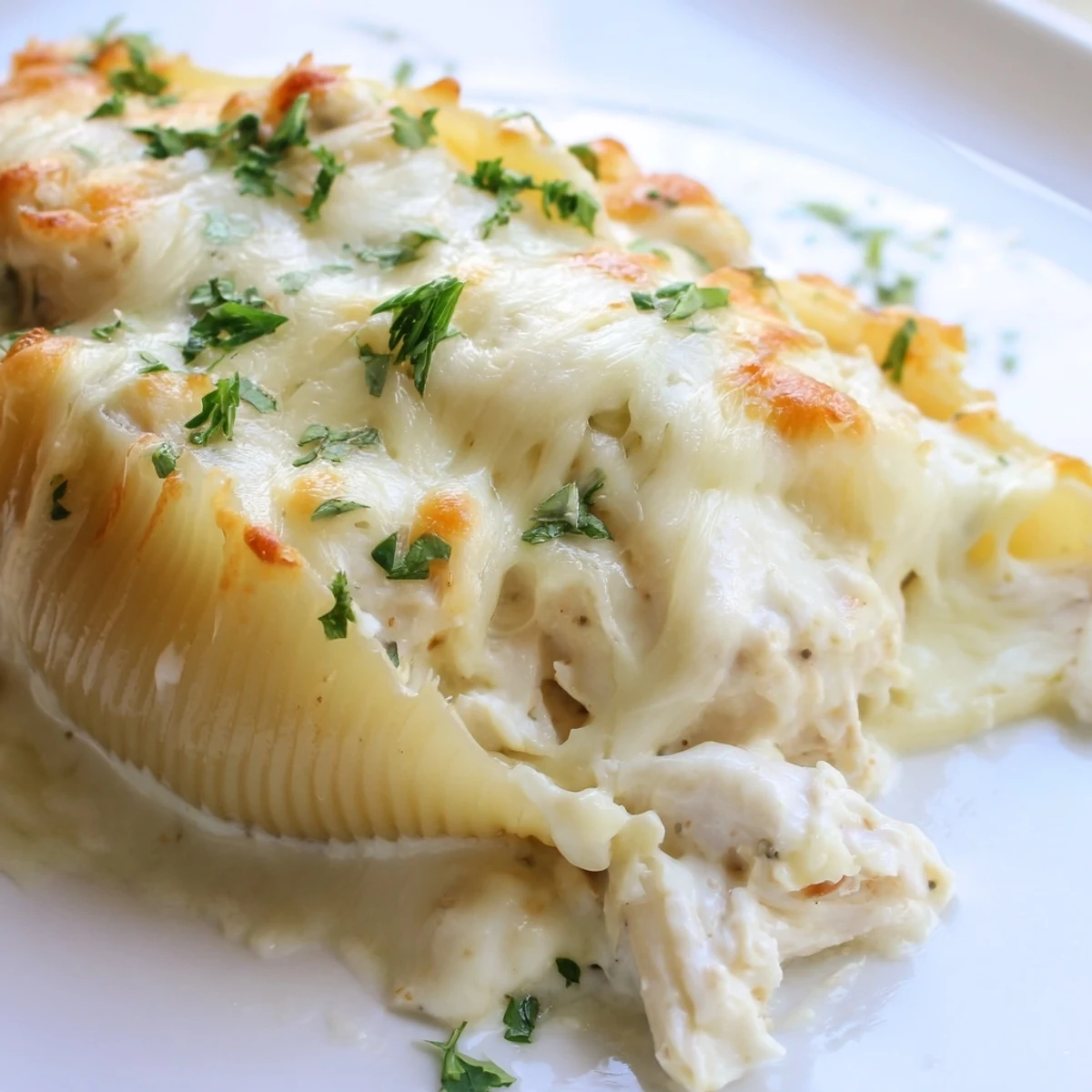 Close-up of creamy ricotta and chicken filling inside tender jumbo pasta shells, smothered in rich Alfredo sauce.