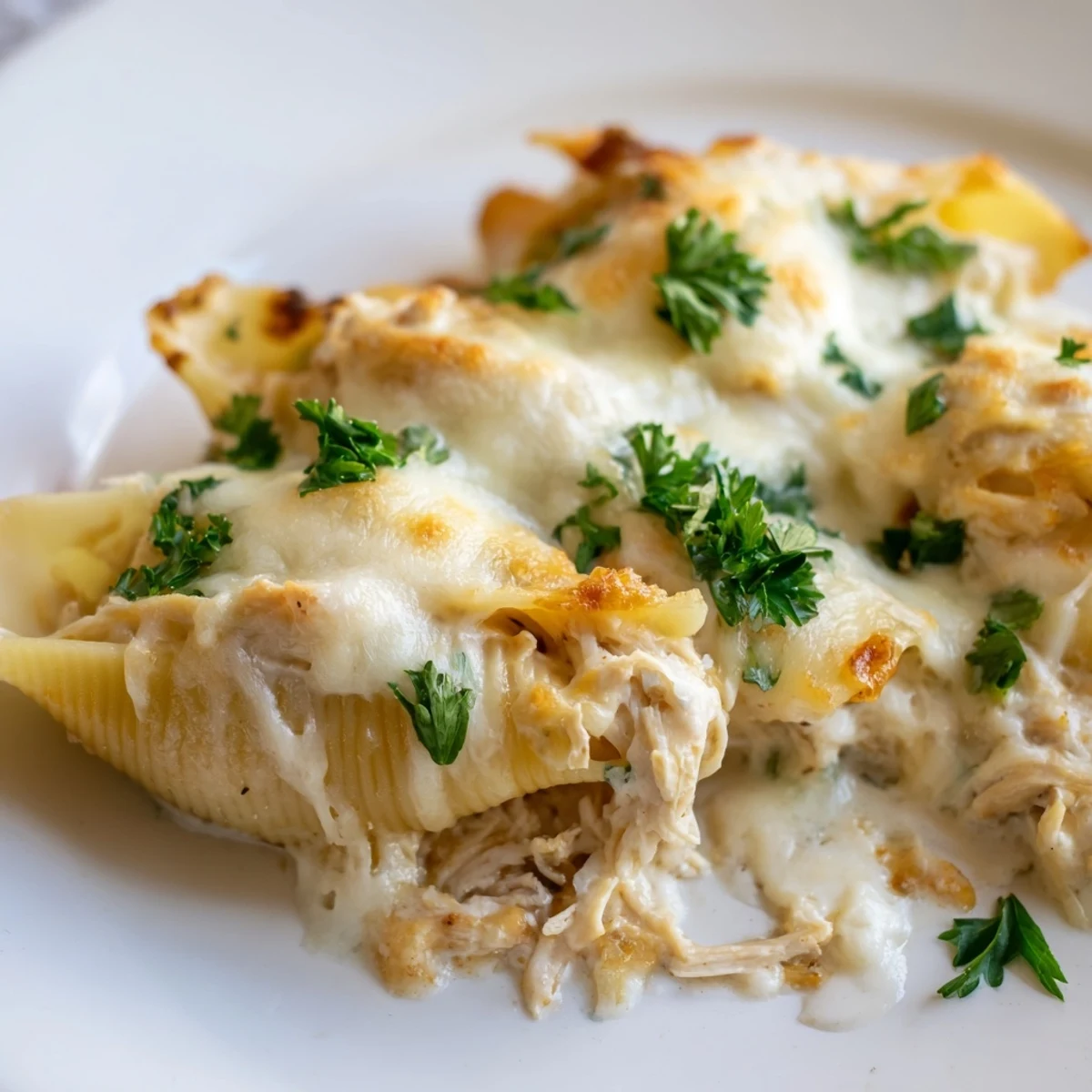Hearty Chicken Alfredo Stuffed Shells bake in a glass dish, a comforting Italian-American dinner perfect for family meals.