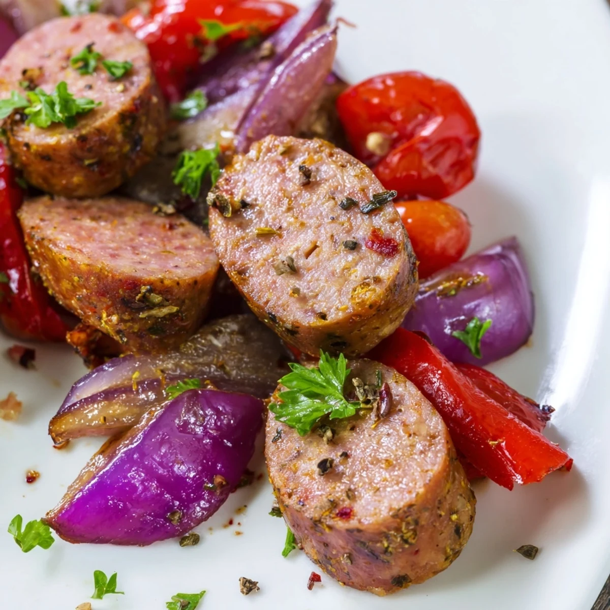 Golden-brown halal sausage and colorful roasted vegetables on a sheet pan, garnished with fresh parsley for a flavorful weeknight dinner.