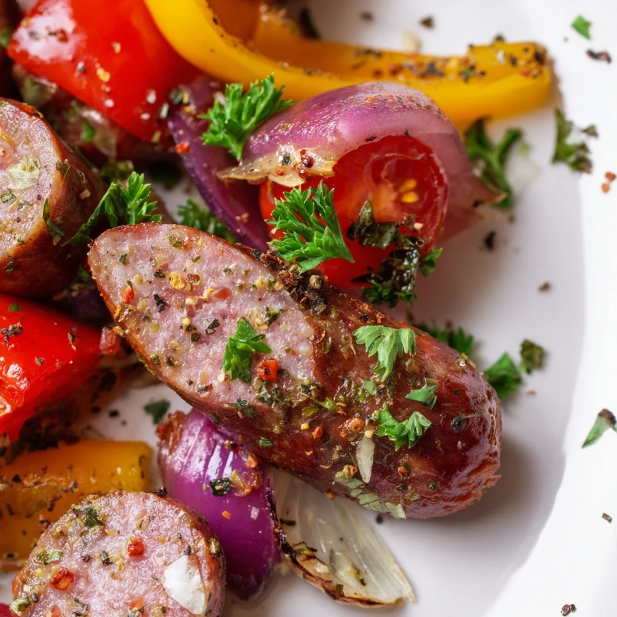 Sheet Pan Halal Sausage and Veggies served hot over fluffy quinoa, with juicy cherry tomatoes and tender zucchini on the side.