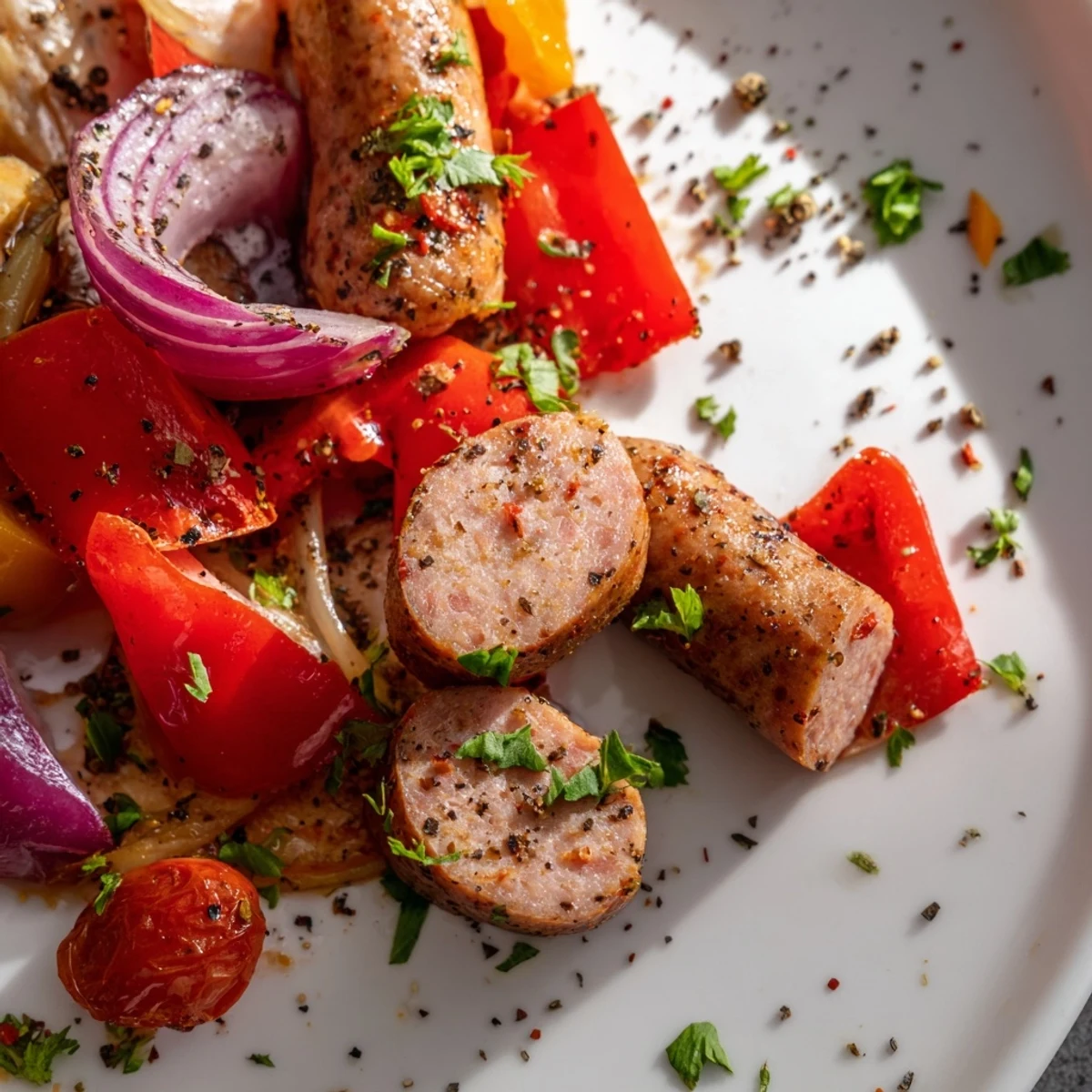 Freshly baked Sheet Pan Halal Sausage and Veggies with crisp edges, resting on parchment paper for easy cleanup after dinner.