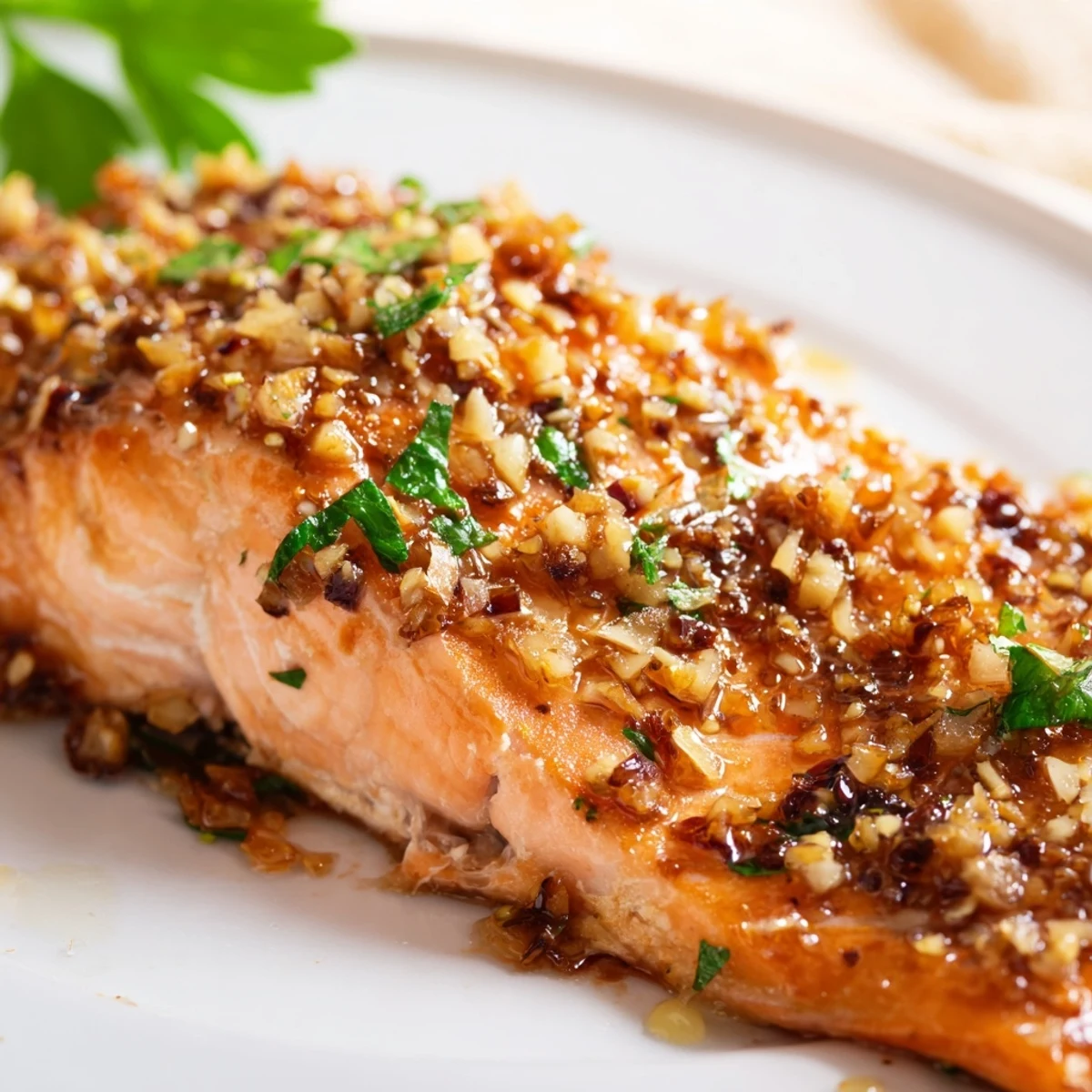 Freshly baked salmon fillet with honey garlic glaze, garnished with parsley and lemon wedges on a baking sheet.