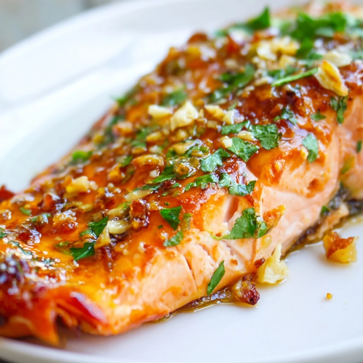 A glistening honey garlic glazed salmon fillet baked to perfection, served alongside vibrant roasted asparagus and a fluffy rice pilaf.