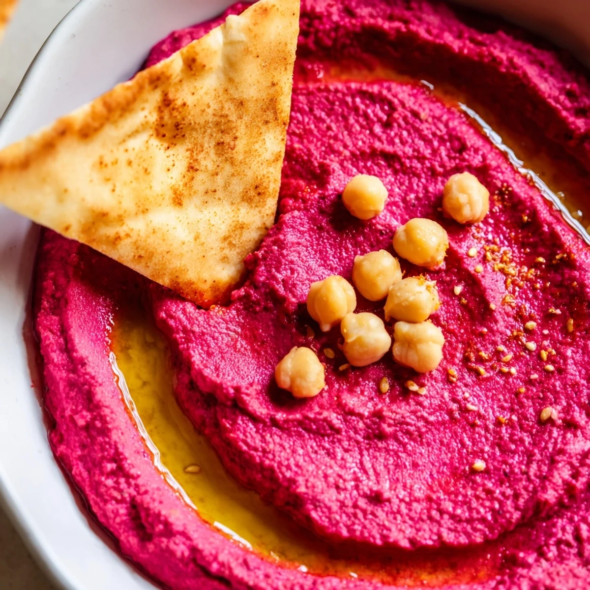 Roasted Beet Hummus in a rustic serving dish, surrounded by crispy baked pita triangles on a wooden table.