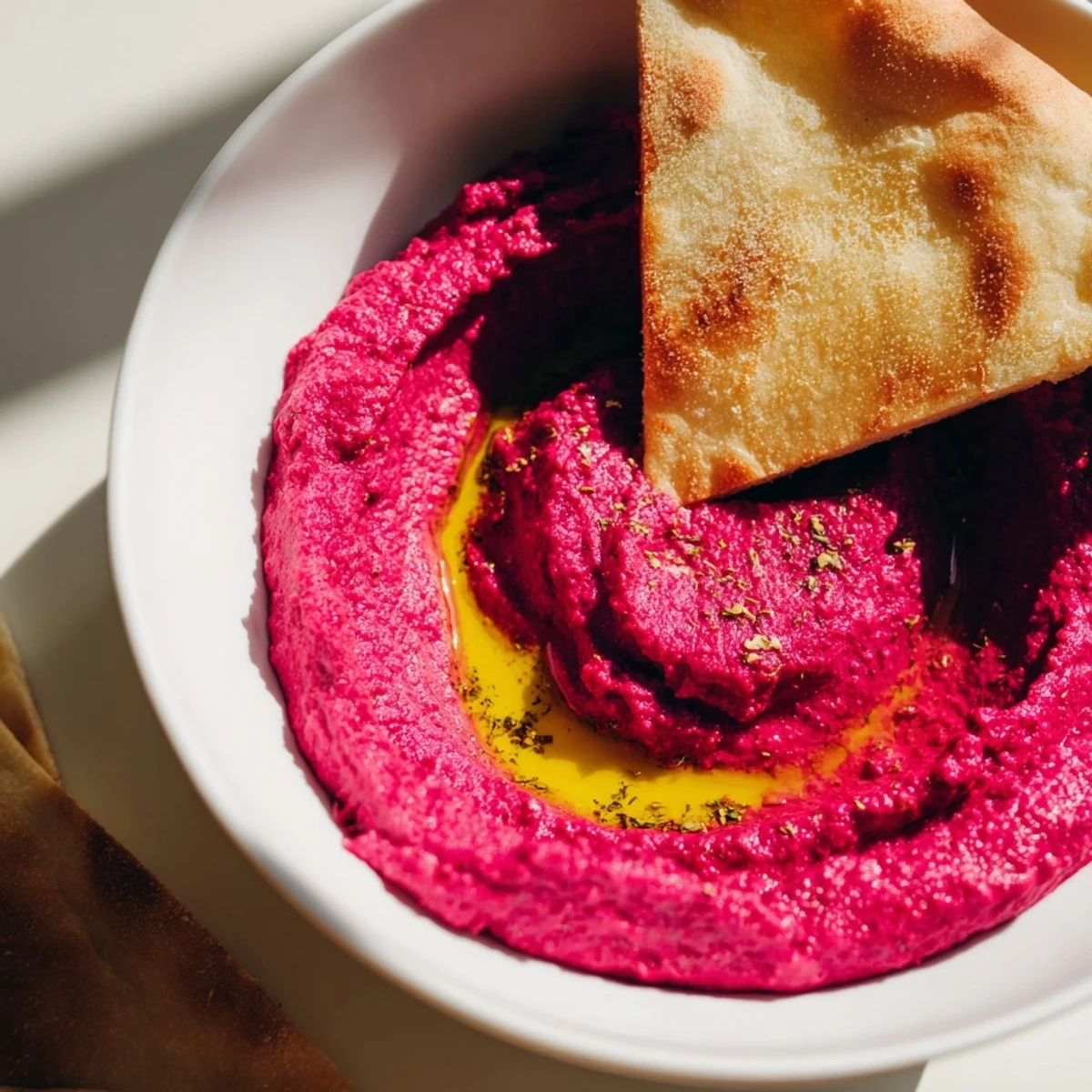 A bright, creamy Roasted Beet Hummus dip garnished with cumin, paired with crunchy pita chips for a colorful appetizer.
