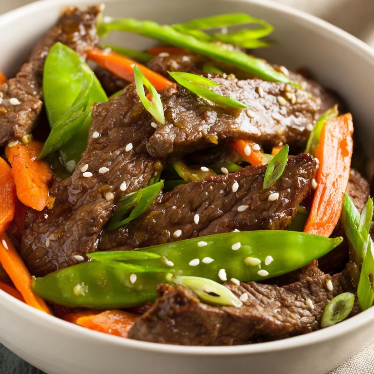 Steaming Beef Stir Fry with Snow Peas and Carrots served in a white ceramic bowl.
