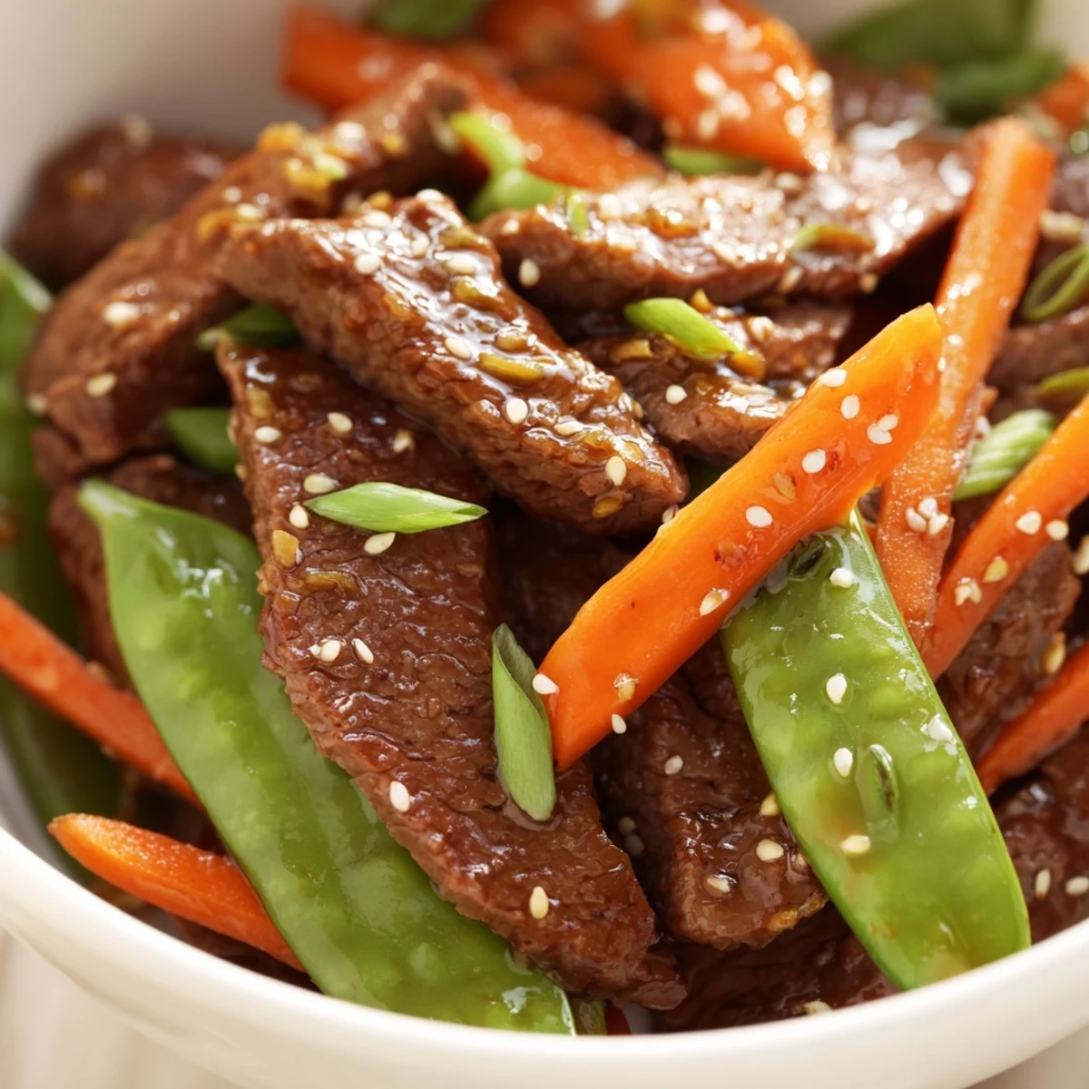 Sizzling hot Beef Stir Fry with Snow Peas and Carrots topped with fresh scallions.