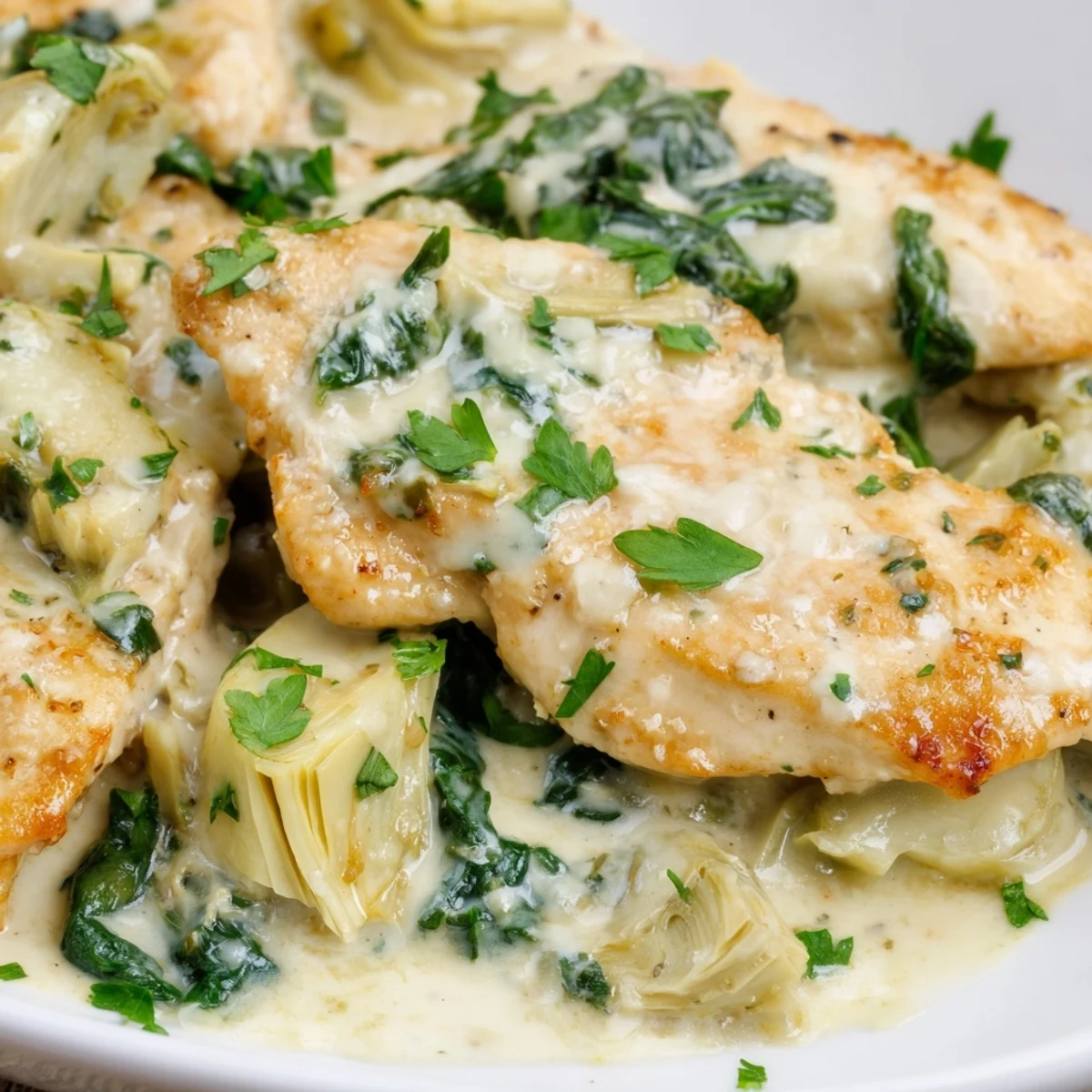 Juicy chicken in creamy spinach and artichoke sauce, ready to serve over rice with crusty bread.