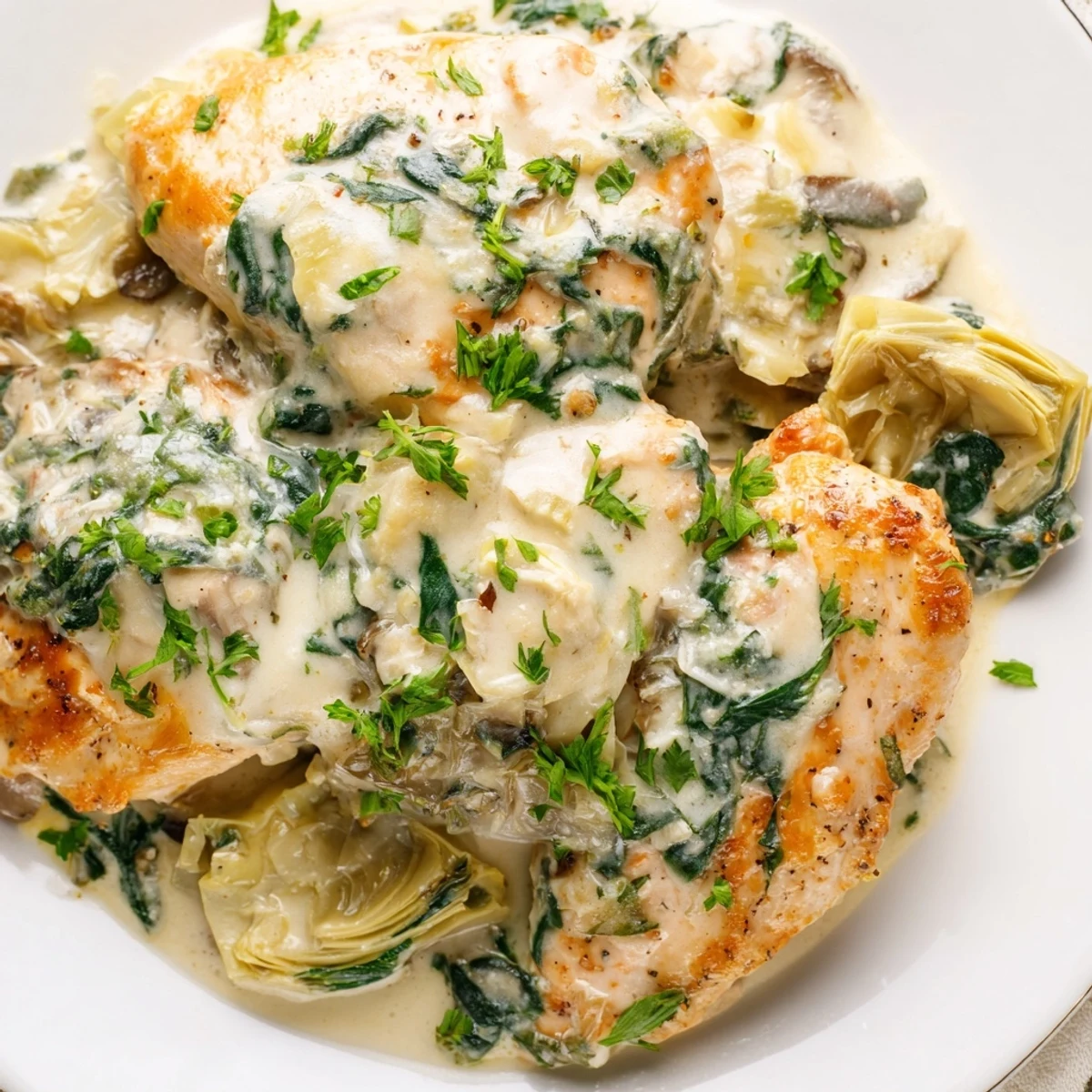 Golden-brown chicken breasts simmer in a creamy spinach and artichoke skillet, garnished with fresh parsley.