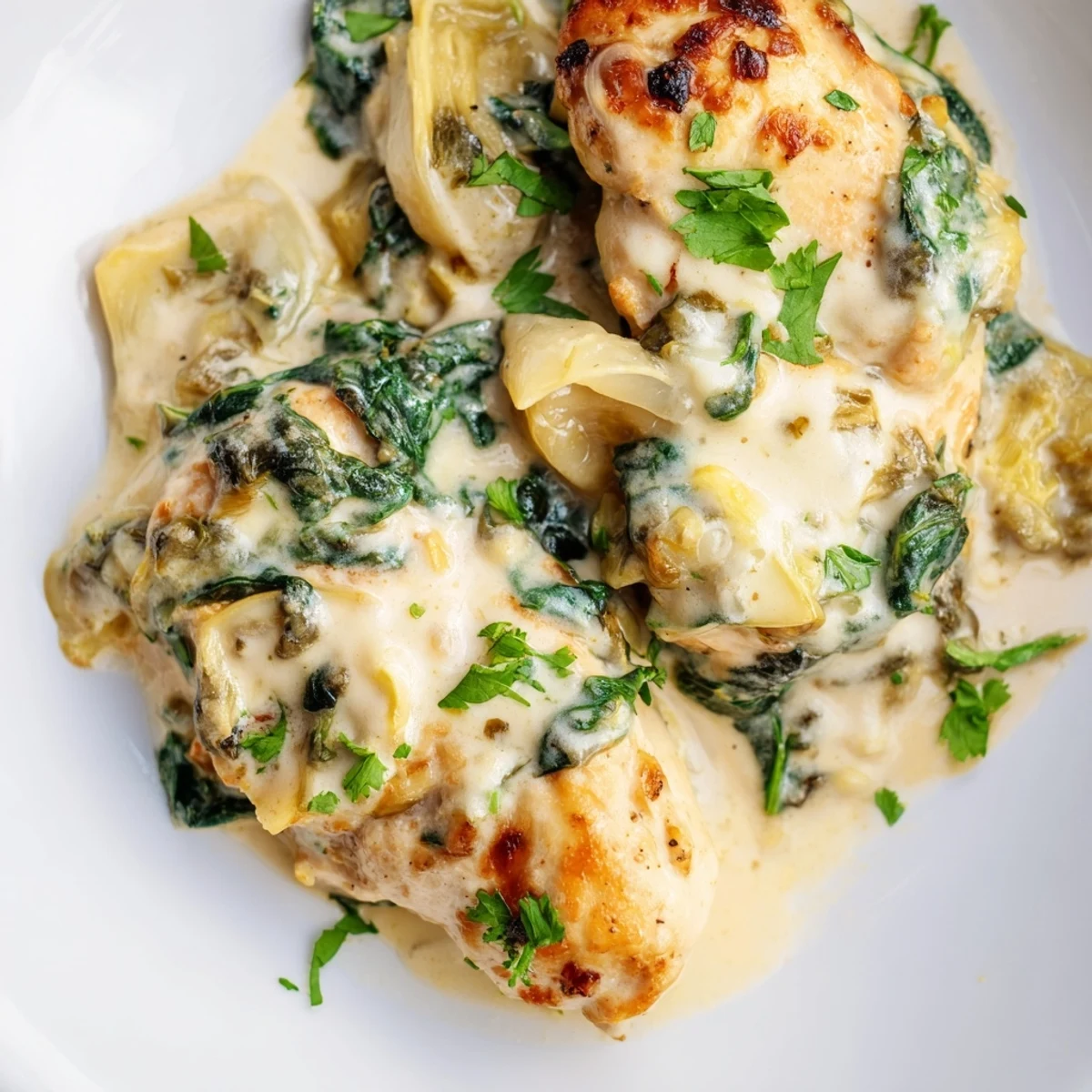 One-pan Creamy Spinach and Artichoke Chicken Skillet with wilted spinach and tender artichoke hearts in a rich sauce.