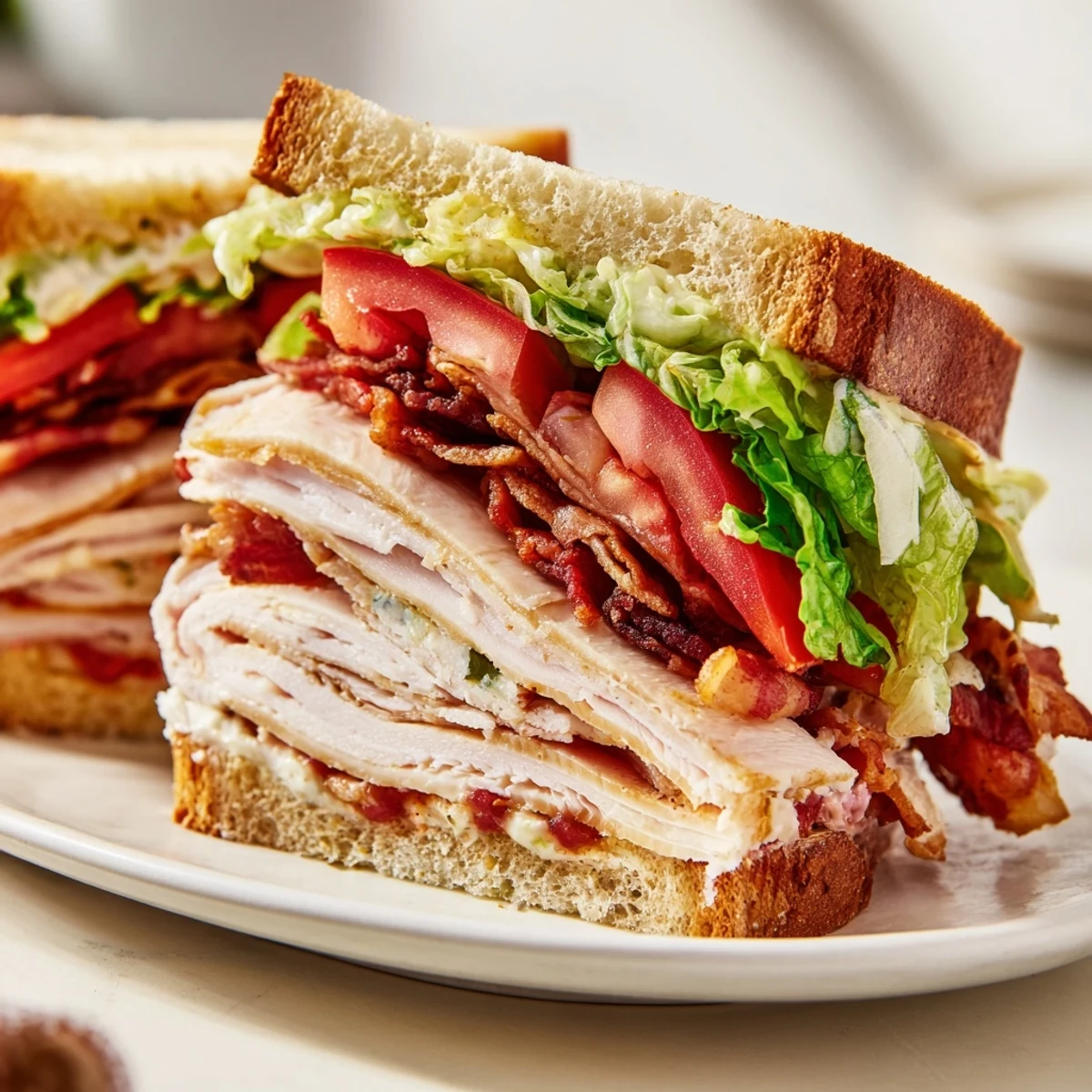 Golden toasted bread layers roasted turkey, crisp beef bacon, juicy tomato, and fresh romaine lettuce for a hearty lunch.
