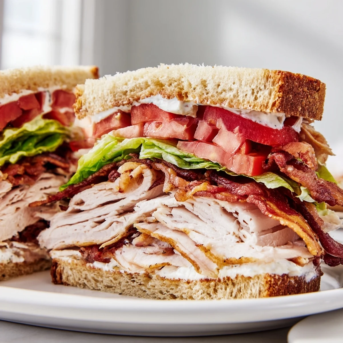 A close-up of the Turkey Club Sandwich showing creamy mayonnaise, stacked meat slices, and red onion on toasted bread.