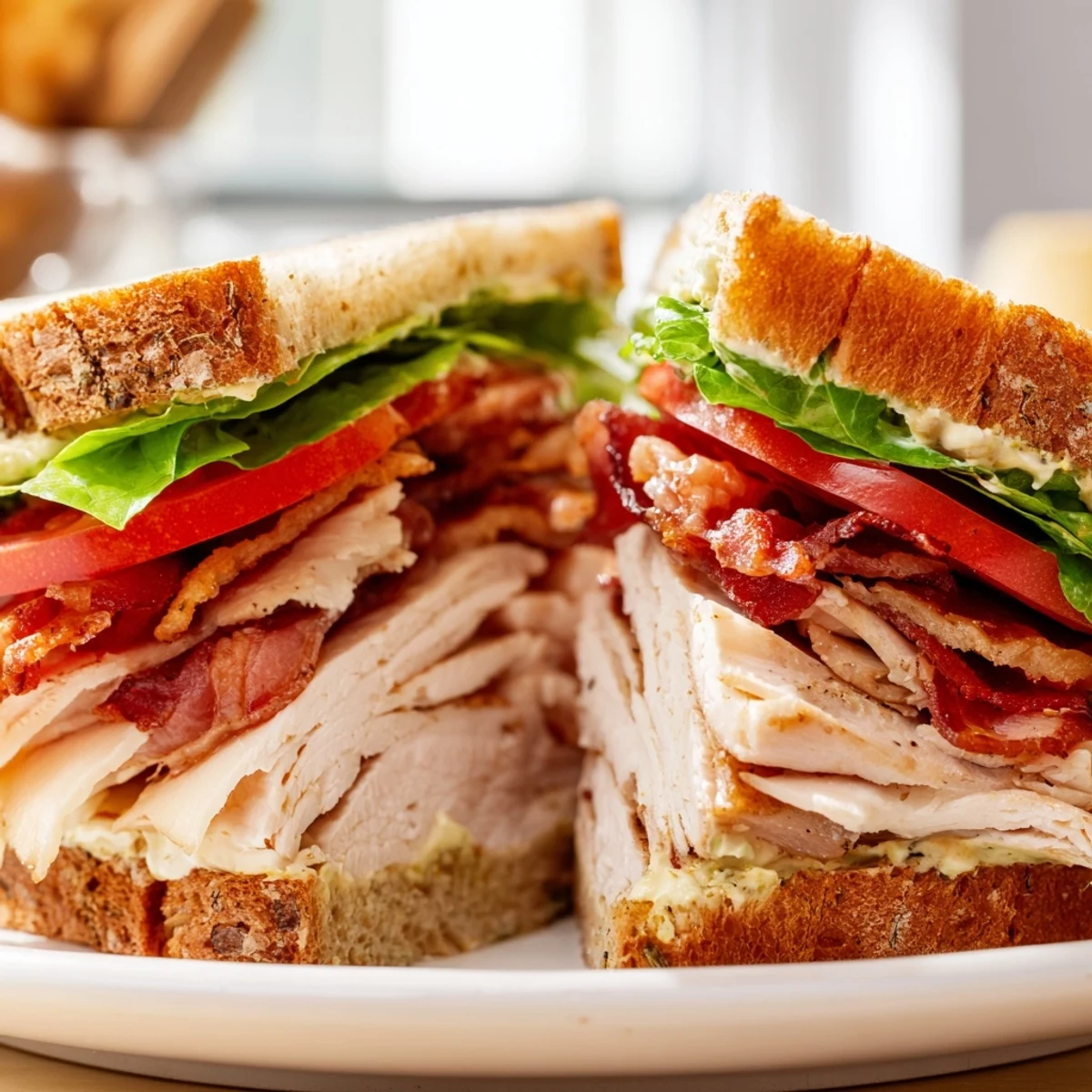 The Turkey Club Sandwich cut in half, revealing layered turkey, crunchy beef bacon, and crisp lettuce, served with chips and pickles.