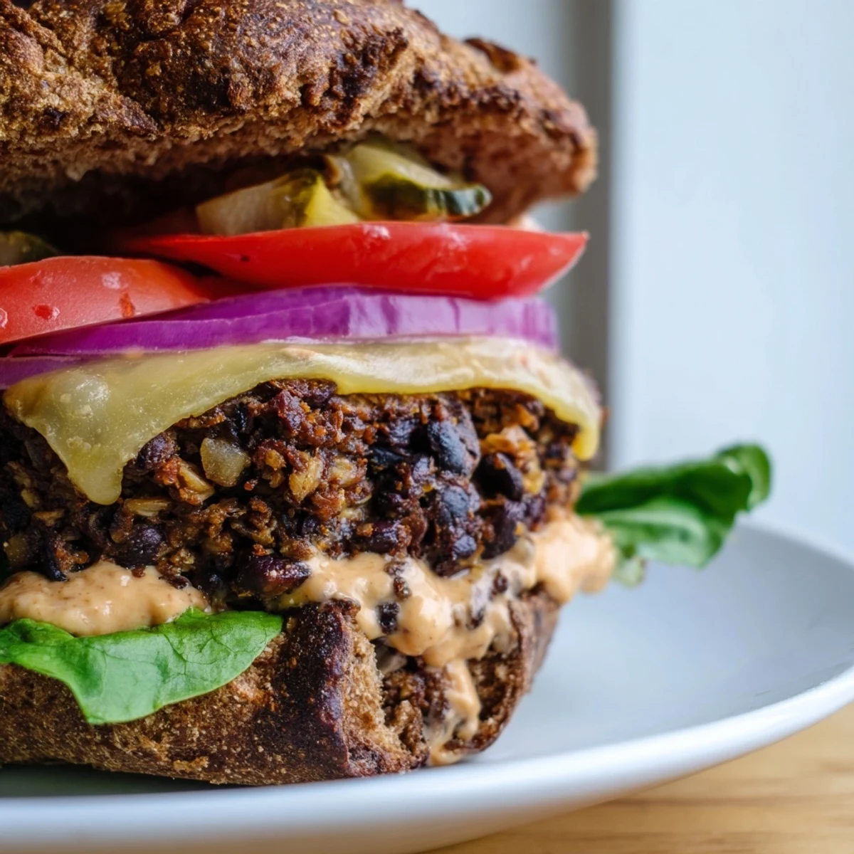 A close-up of a Vegan Black Bean Burger with Chipotle Mayo, its patty visibly textured with beans and oats, topped with creamy pink sauce on a toasted bun.