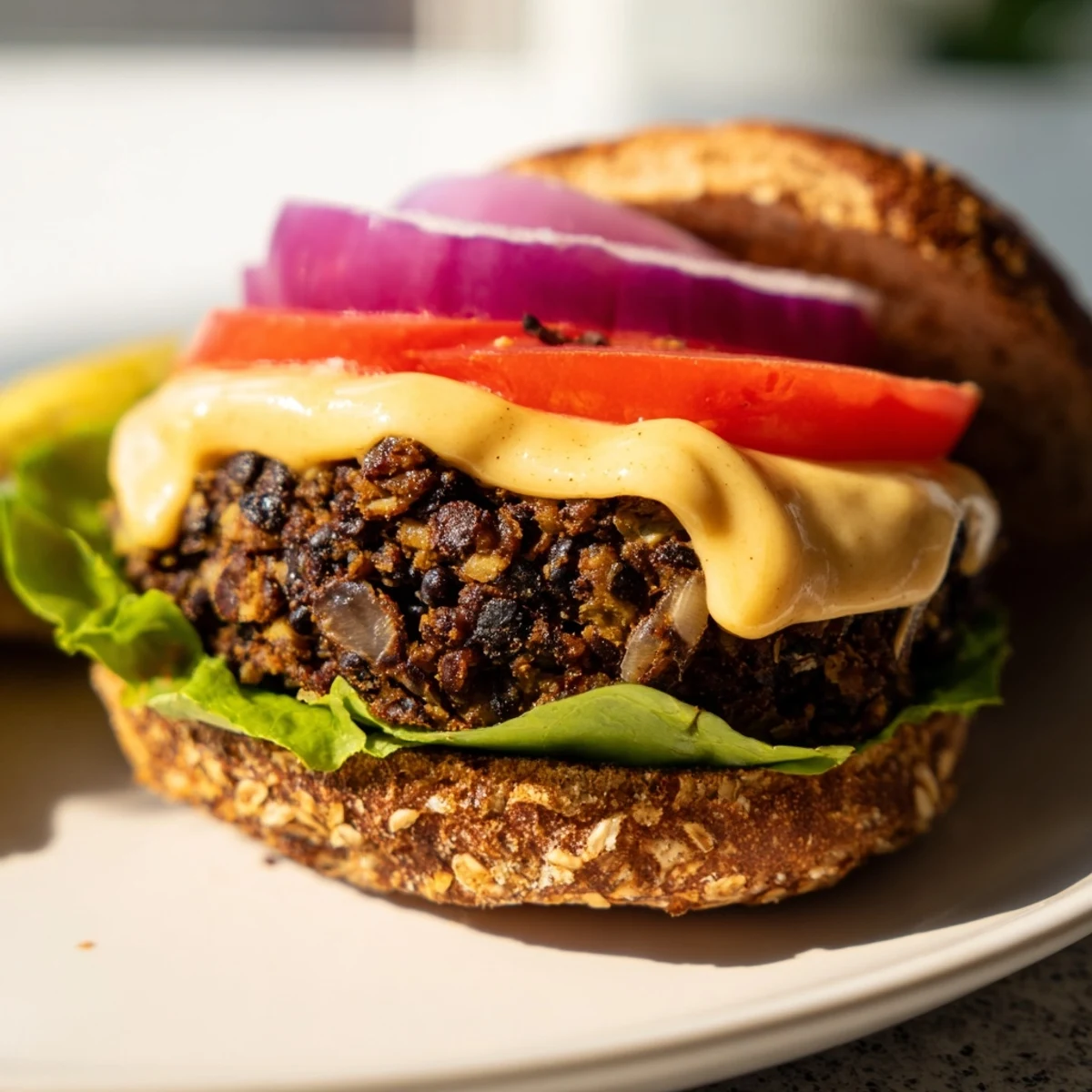 The finished Vegan Black Bean Burger with Chipotle Mayo is stacked with crisp lettuce, red tomato slices, and served alongside a small bowl of extra sauce.