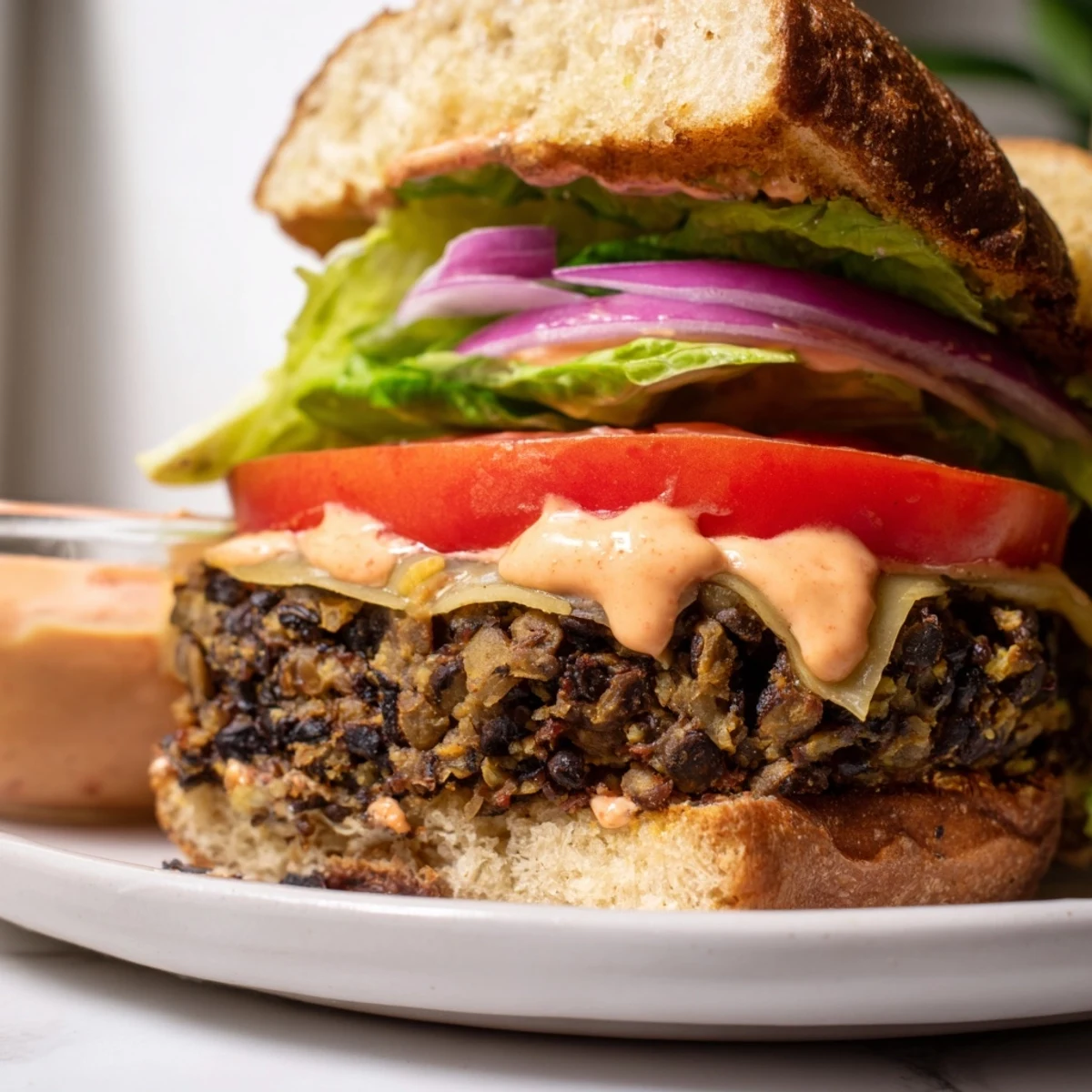 A golden-brown Vegan Black Bean Burger patty sizzles in a skillet with olive oil, surrounded by fresh ingredients like cilantro and minced red onion.