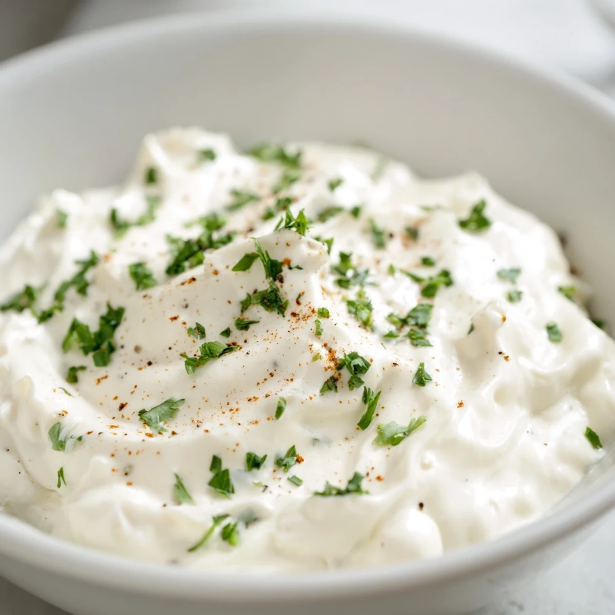 A close-up of the smooth Creamy Dip Bowl garnished with fresh chives and parsley, a silver spoon dipping in for a savory bite.