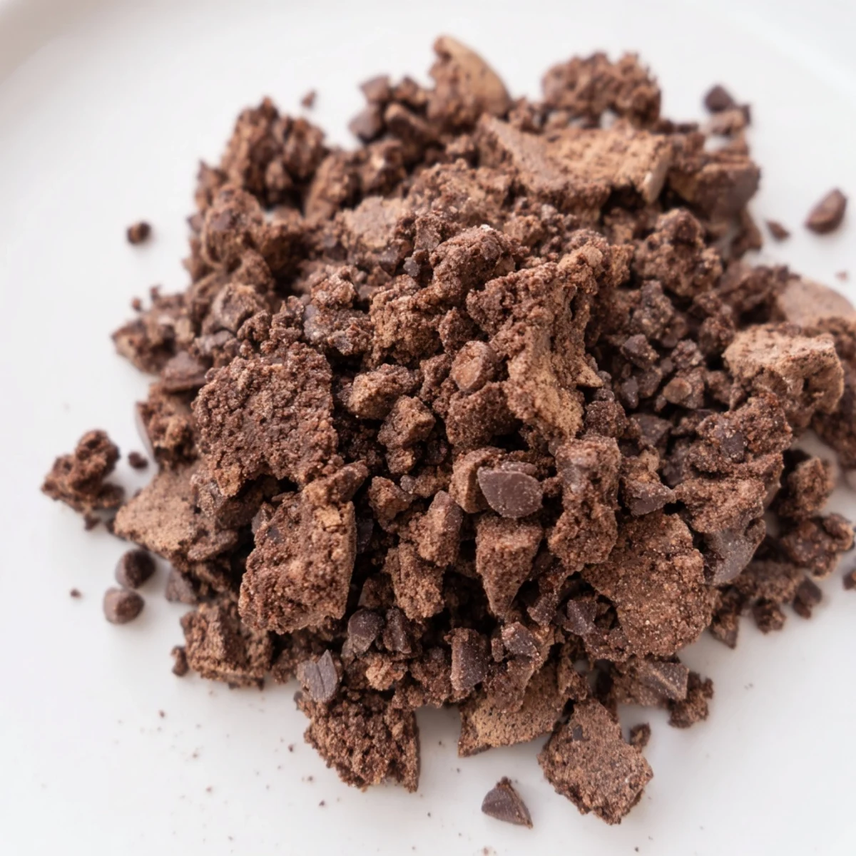 Loose, hand-broken Chocolate Cookie Crumble pieces are piled on a white plate, highlighting their cocoa color and crunchy texture.