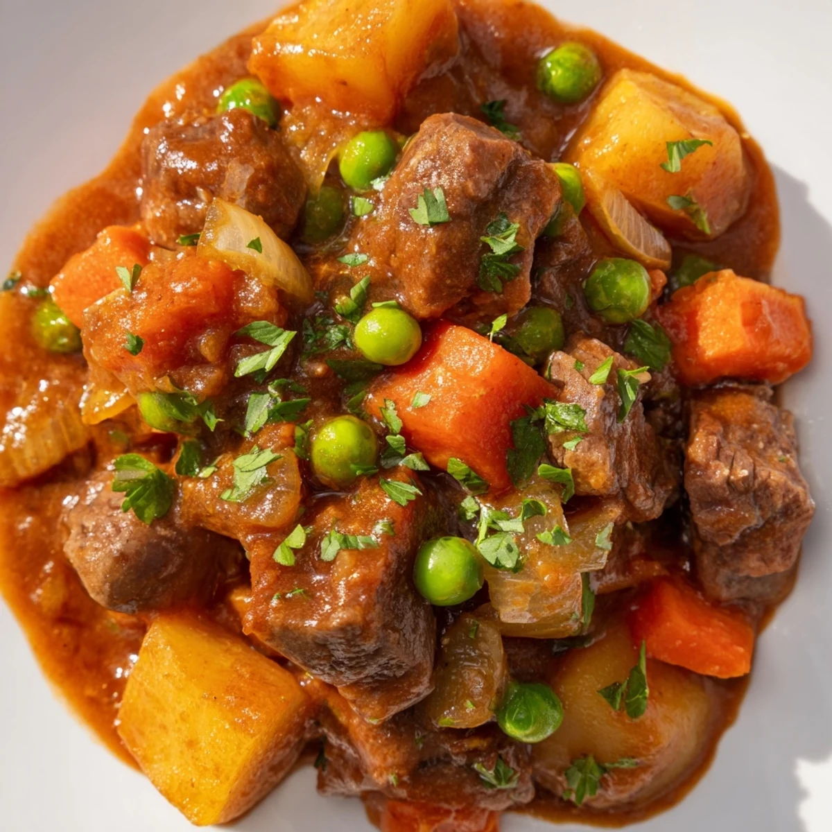 Hearty Beef Dish Casserole with tender chunks of beef, carrots, and potatoes, ready to be served over egg noodles.