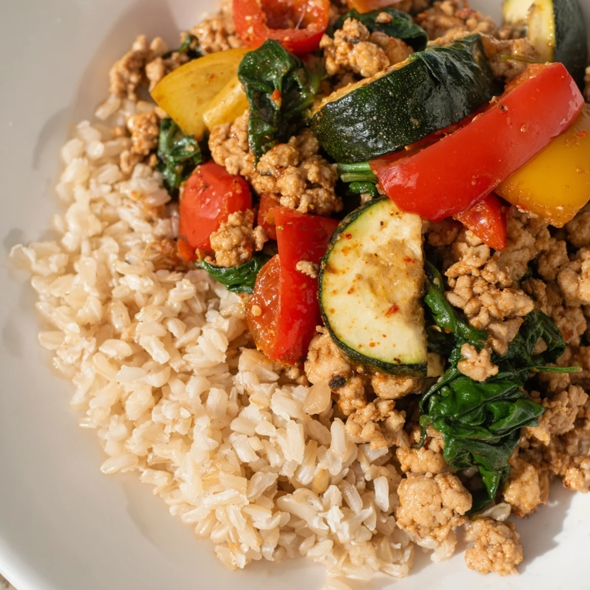Turkey Meal Prep with roasted vegetables, brown rice, and ground turkey in glass meal prep containers.