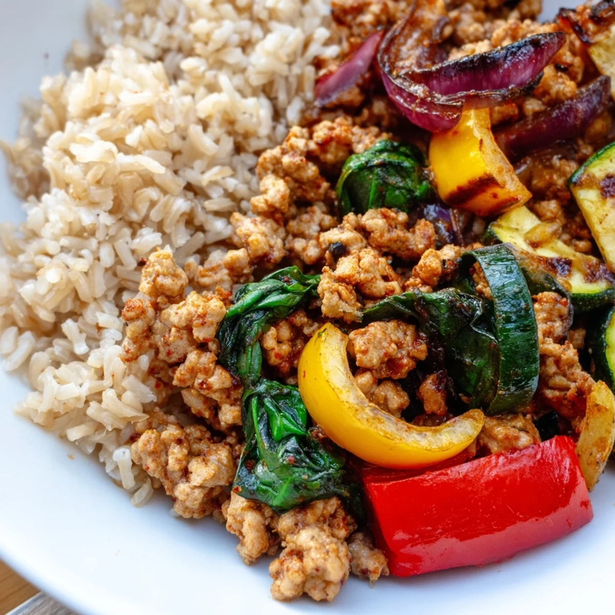 Healthy Turkey Meal Prep with seasoned ground turkey, zucchini, and brown rice, ready to enjoy for dinner.
