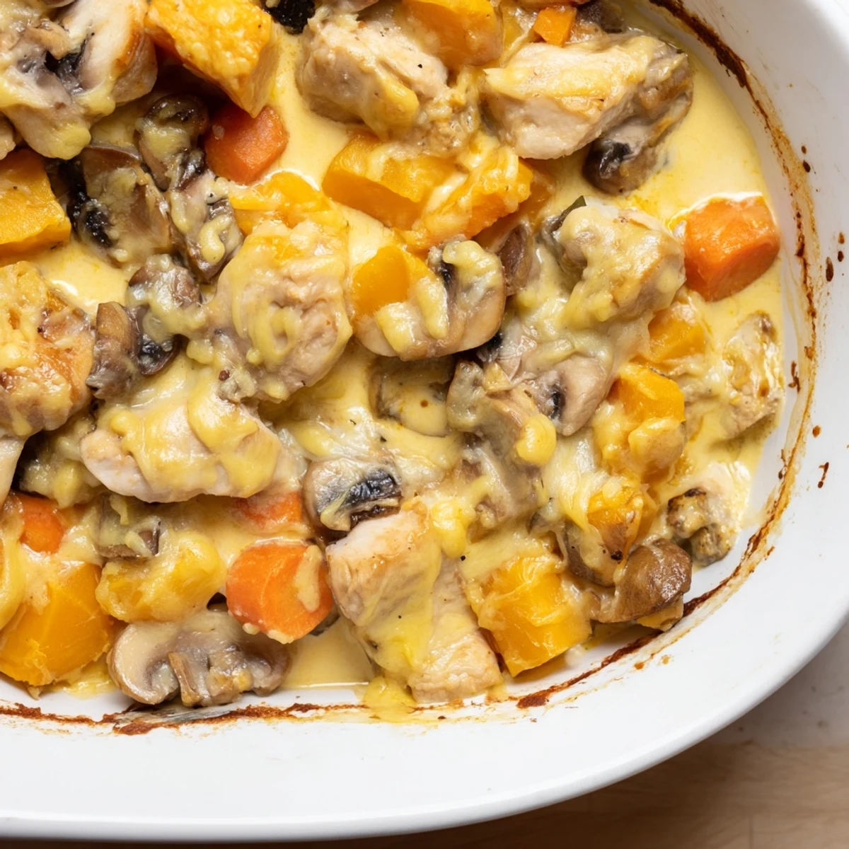 Richly baked Winter Dish Casserole with melted cheese and roasted root vegetables on a rustic table.