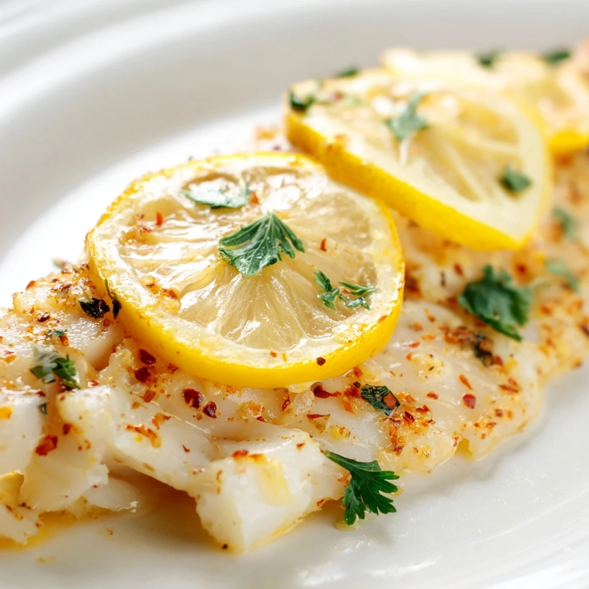 Golden baked cod fillets with lemon slices and fresh parsley garnish, served on a white plate for a healthy seafood dinner.