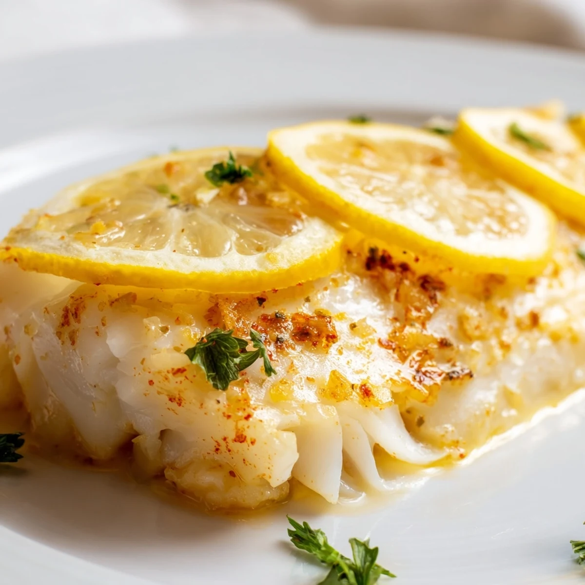 Flaky and tender lemon-garlic baked cod fillets resting on a baking sheet with fresh herbs for a low carb main dish.
