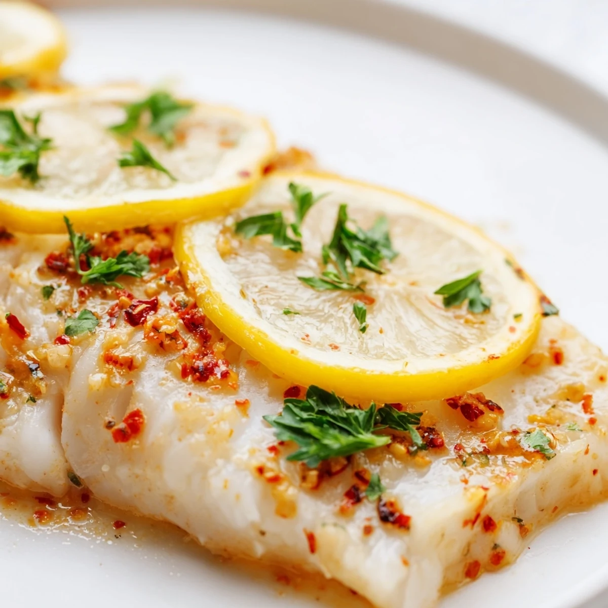 Lightly seasoned baked cod fillets with garlic and lemon, plated alongside steamed vegetables for a quick and easy weeknight meal.