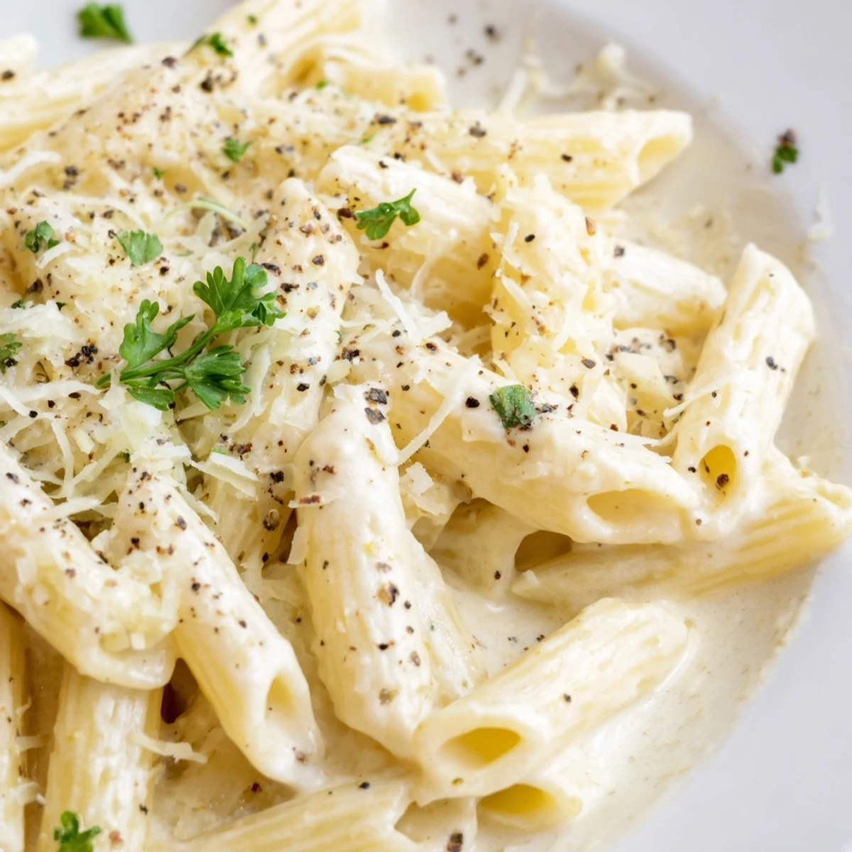 Steamy skillet of Creamy Dish Pasta, tossed with penne, Parmesan, and parsley, ready for a family-style serving.