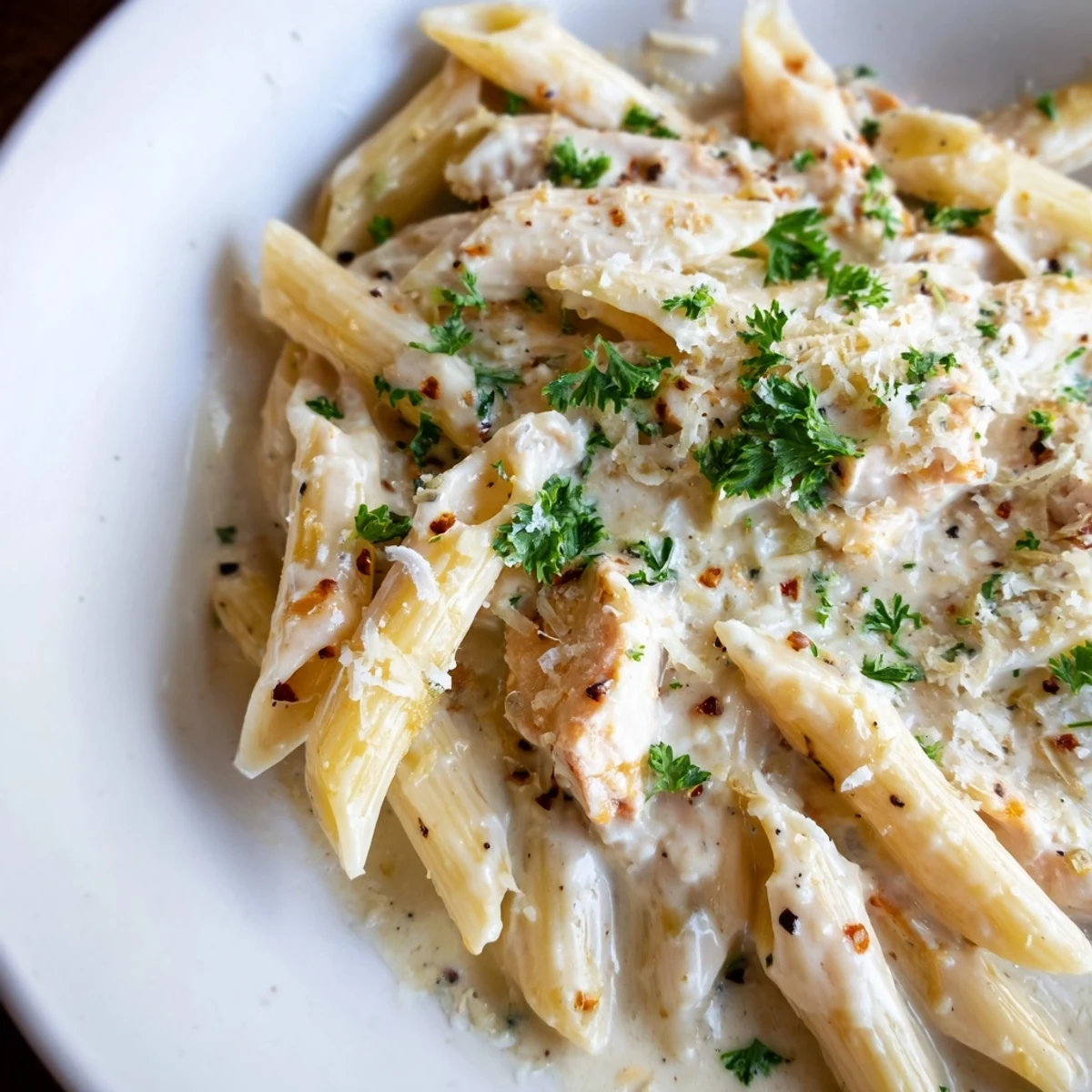 A close-up of Creamy Dish Pasta coated in velvety garlic cream sauce, served alongside a glass of Pinot Grigio.