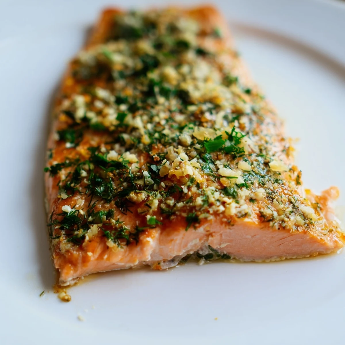 Golden-brown baked salmon fillets flake easily on a platter with roasted red bell peppers and zucchini, garnished with fresh dill and lemon wedges.