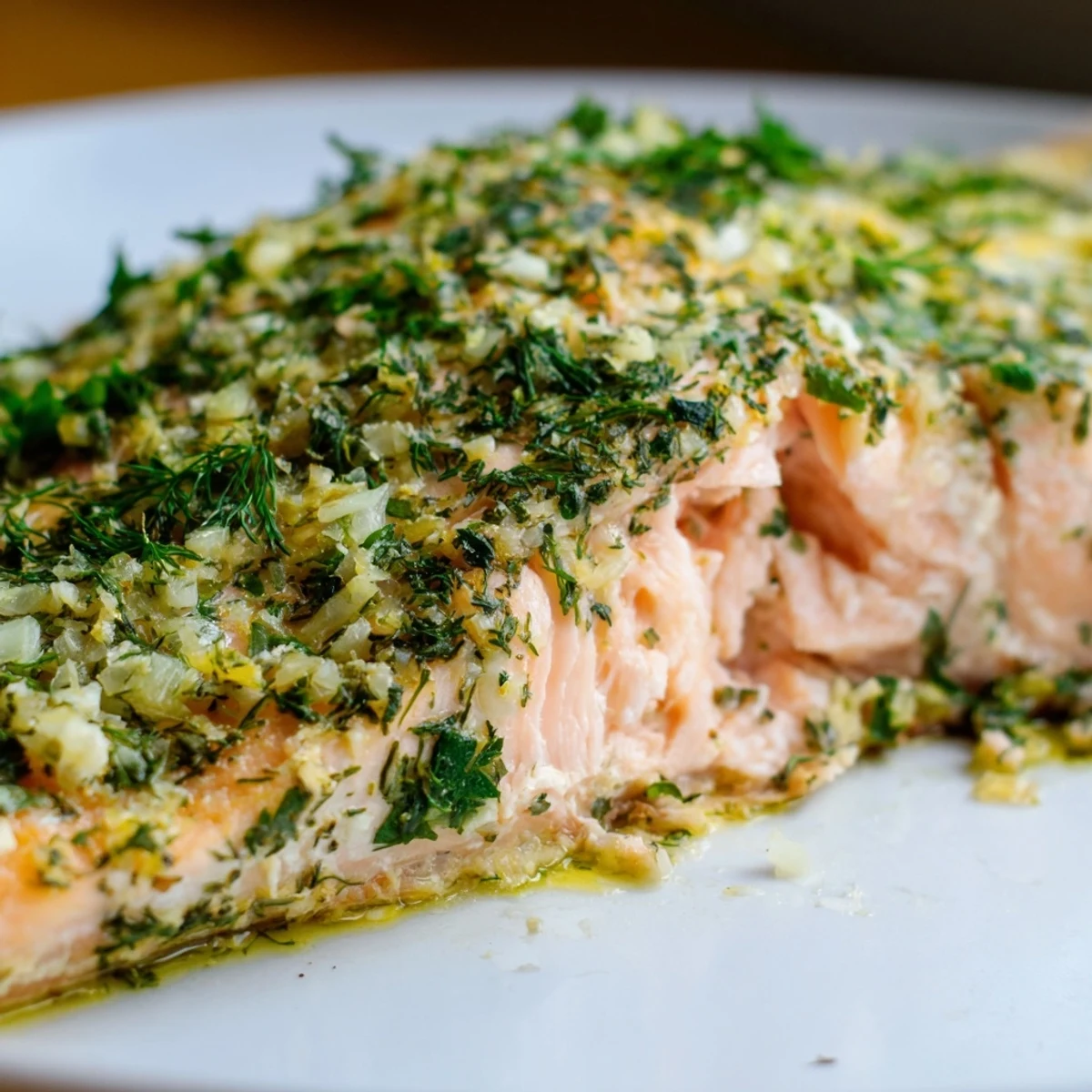 Tender herb-marinated Baked Salmon Platter rests on a white dish beside colorful roasted vegetables, steam rising for an inviting dinner presentation.