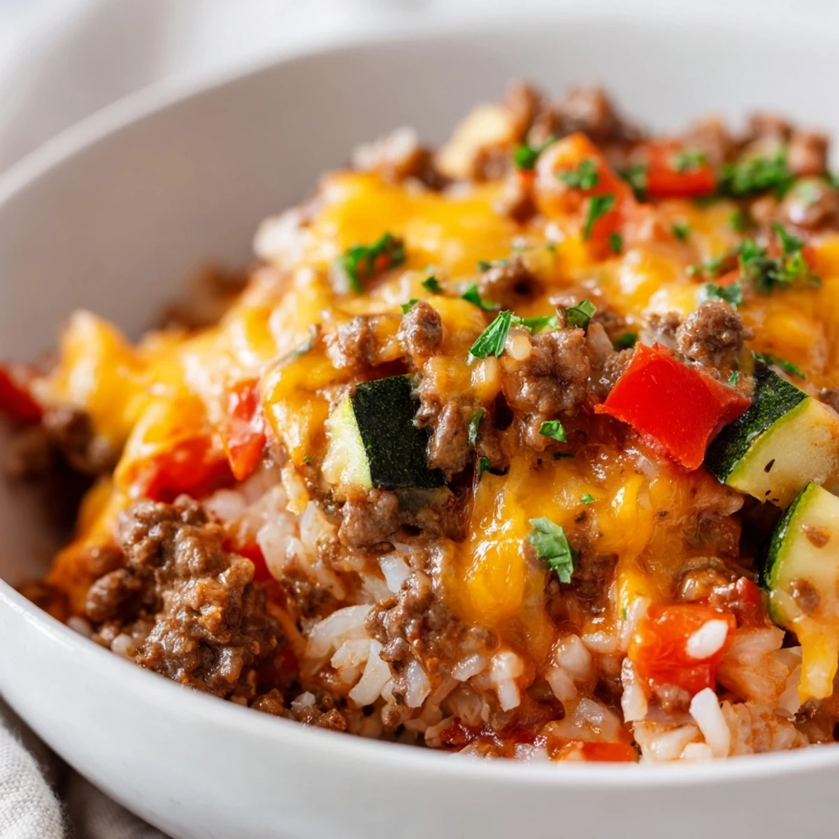 Sizzling ground beef, diced bell peppers, and zucchini simmer in a savory sauce topped with melted cheddar cheese. This hearty Beef Meal Skillet is served hot in the pan with a side of warm tortillas.