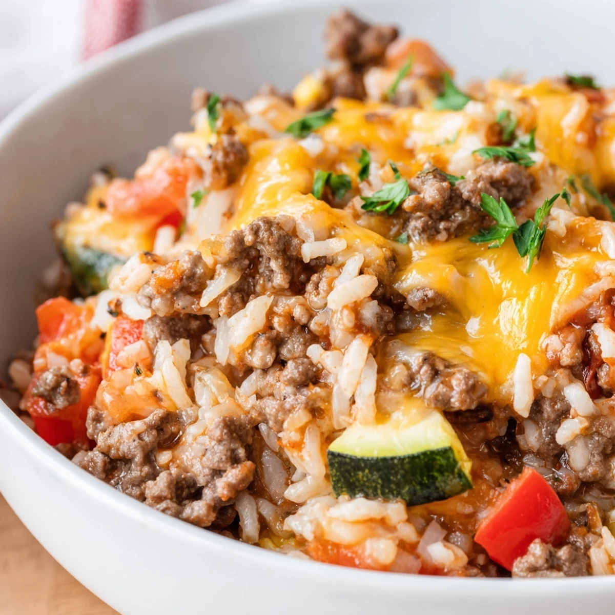 Cheesy Beef Meal Skillet with colorful vegetables and rice, garnished with fresh parsley for a bright finish.