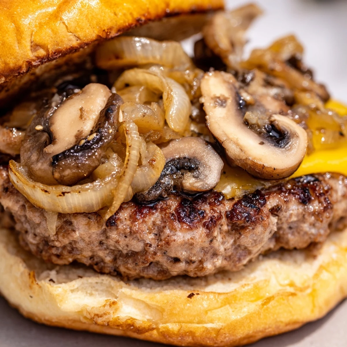 The gourmet Mushroom and Swiss Burger features melted Swiss cheese and golden onions resting on a buttery toasted bun.