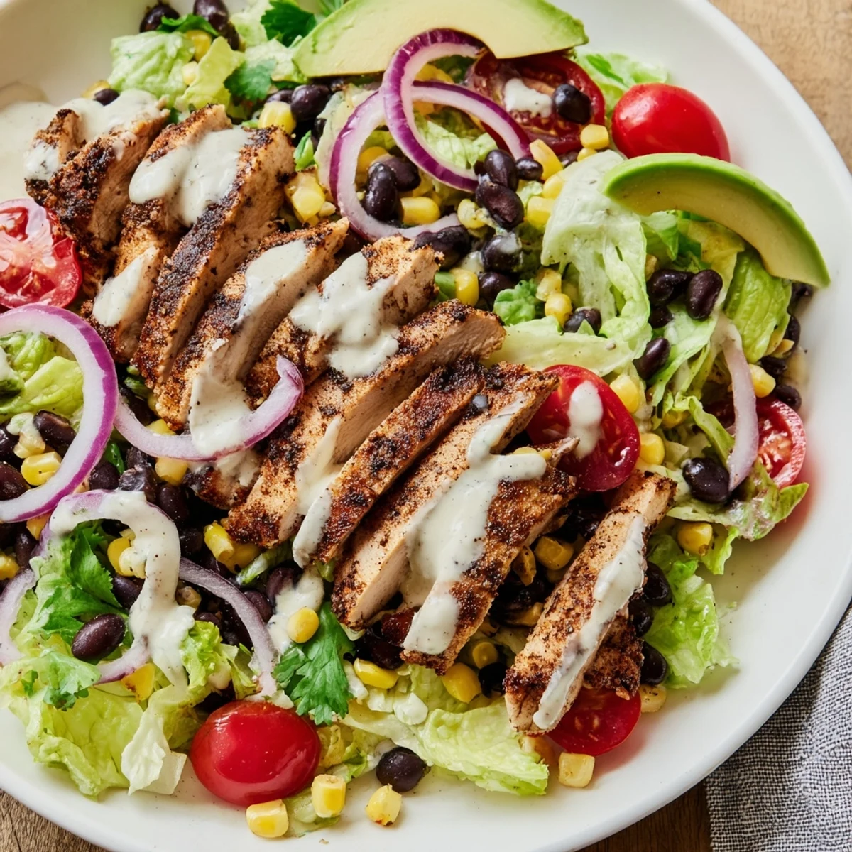 Southwest Chicken Salad features sliced spiced chicken, diced avocado, and juicy cherry tomatoes, arranged neatly on a plate for a colorful and healthy lunch.
