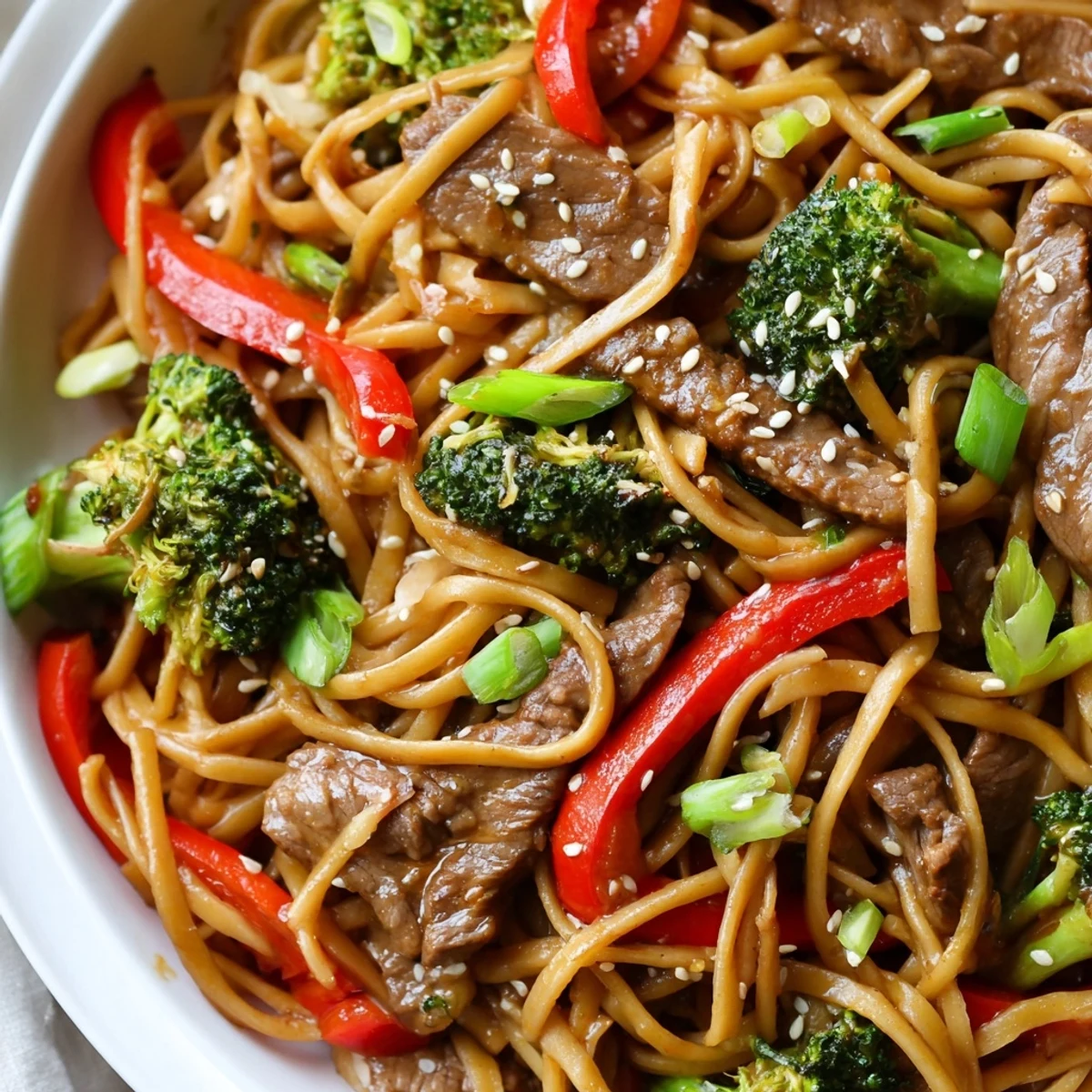 Sizzling beef strips and crisp broccoli mingle with silky lo mein noodles, all coated in a glossy, savory-sweet sesame sauce in this Beef and Broccoli Lo Mein with Sesame.