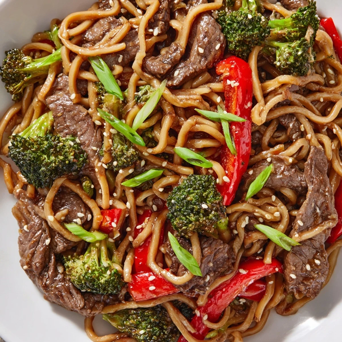 A close-up shows tender beef, vibrant broccoli florets, and sliced red bell pepper tossed with noodles in a rich, glistening sauce for a satisfying Asian-inspired meal.