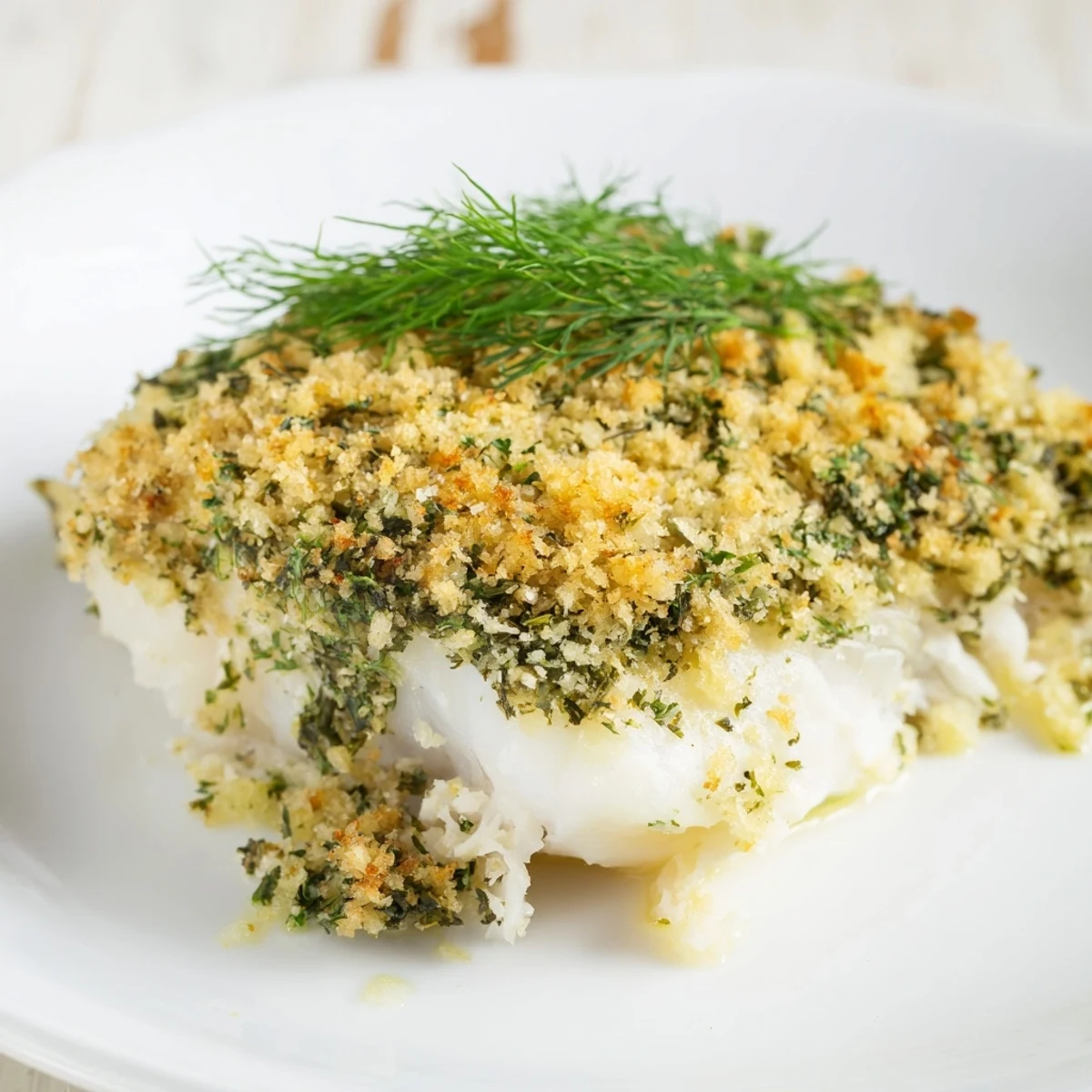 Fork-tender baked cod with lemon herb butter crumb is plated next to fresh lemon wedges and bright green asparagus spears.