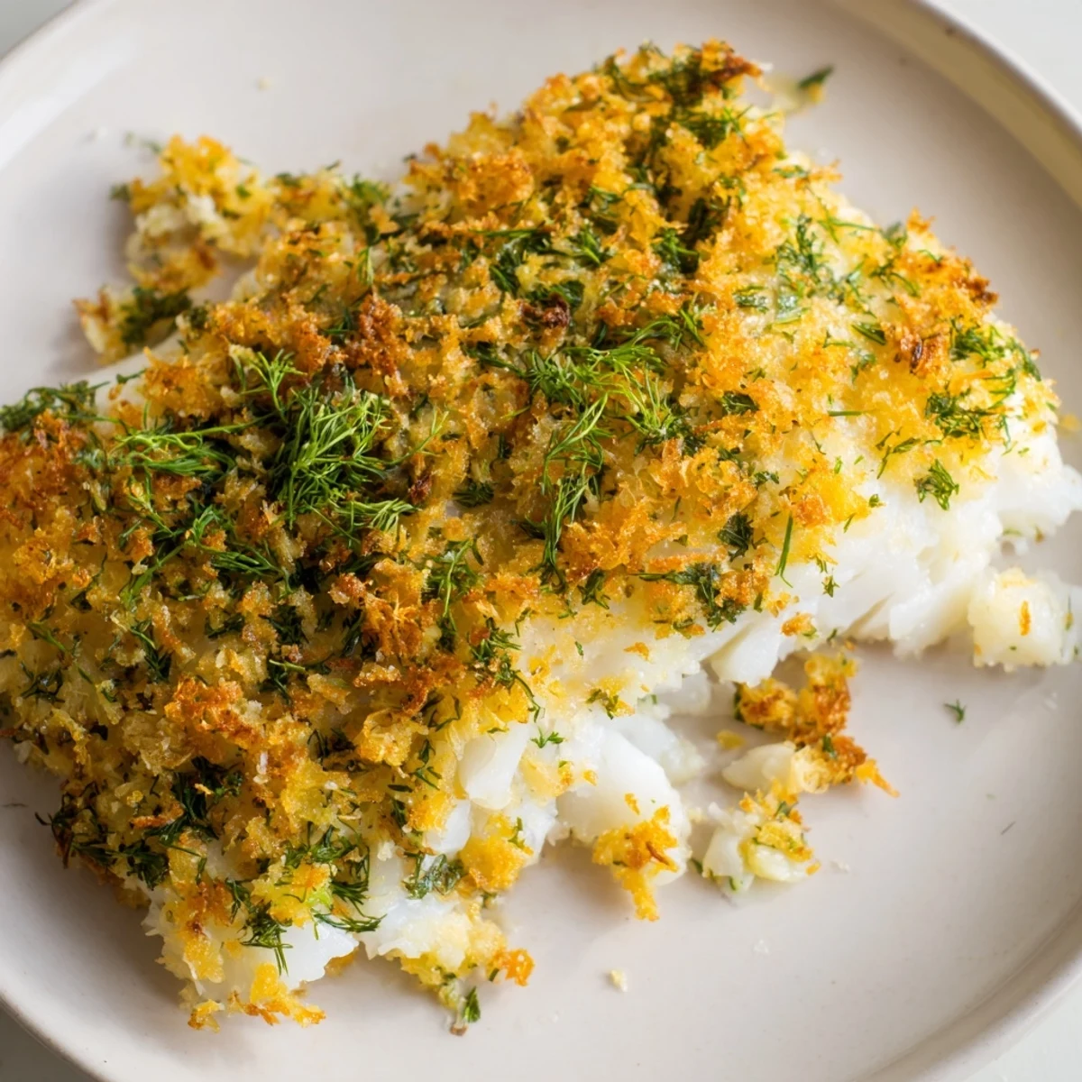 Lemon herb butter crumb adds texture and rich flavor to perfectly baked cod fillets served for a family meal.