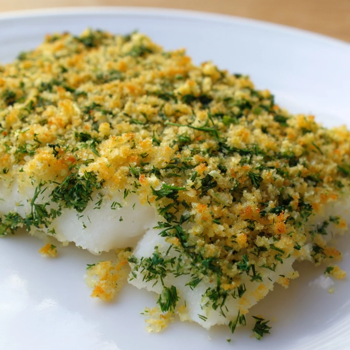 Golden-baked cod fillets showcase a crispy lemon herb crumb topping on a white ceramic dish ready for dinner.